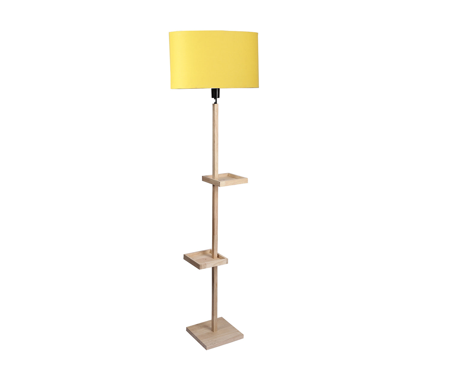 Yellow Fabric Double Shelf Floor Lamp with Natural Solid Wood Color Base