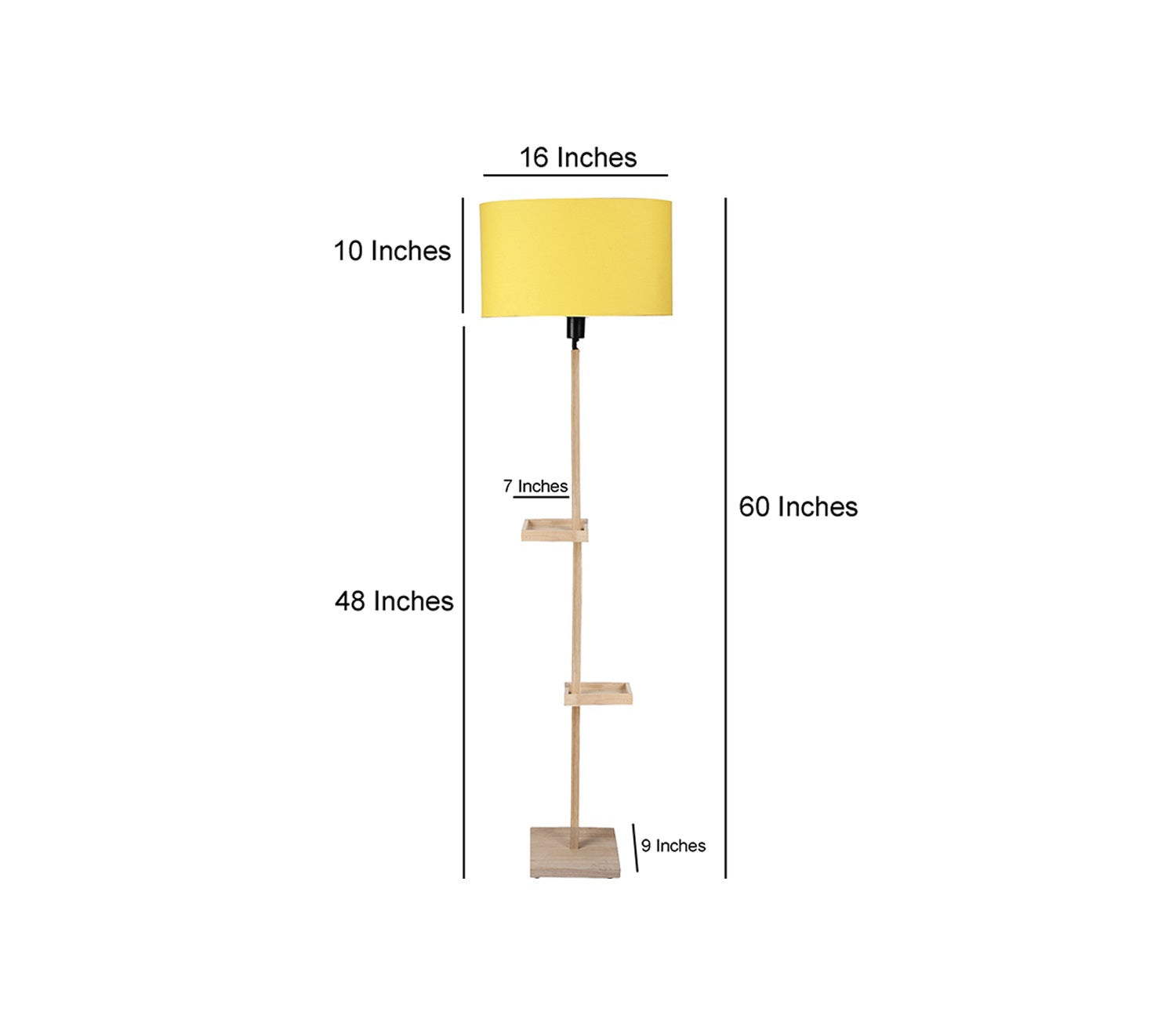 Yellow Fabric Double Shelf Floor Lamp with Natural Solid Wood Color Base