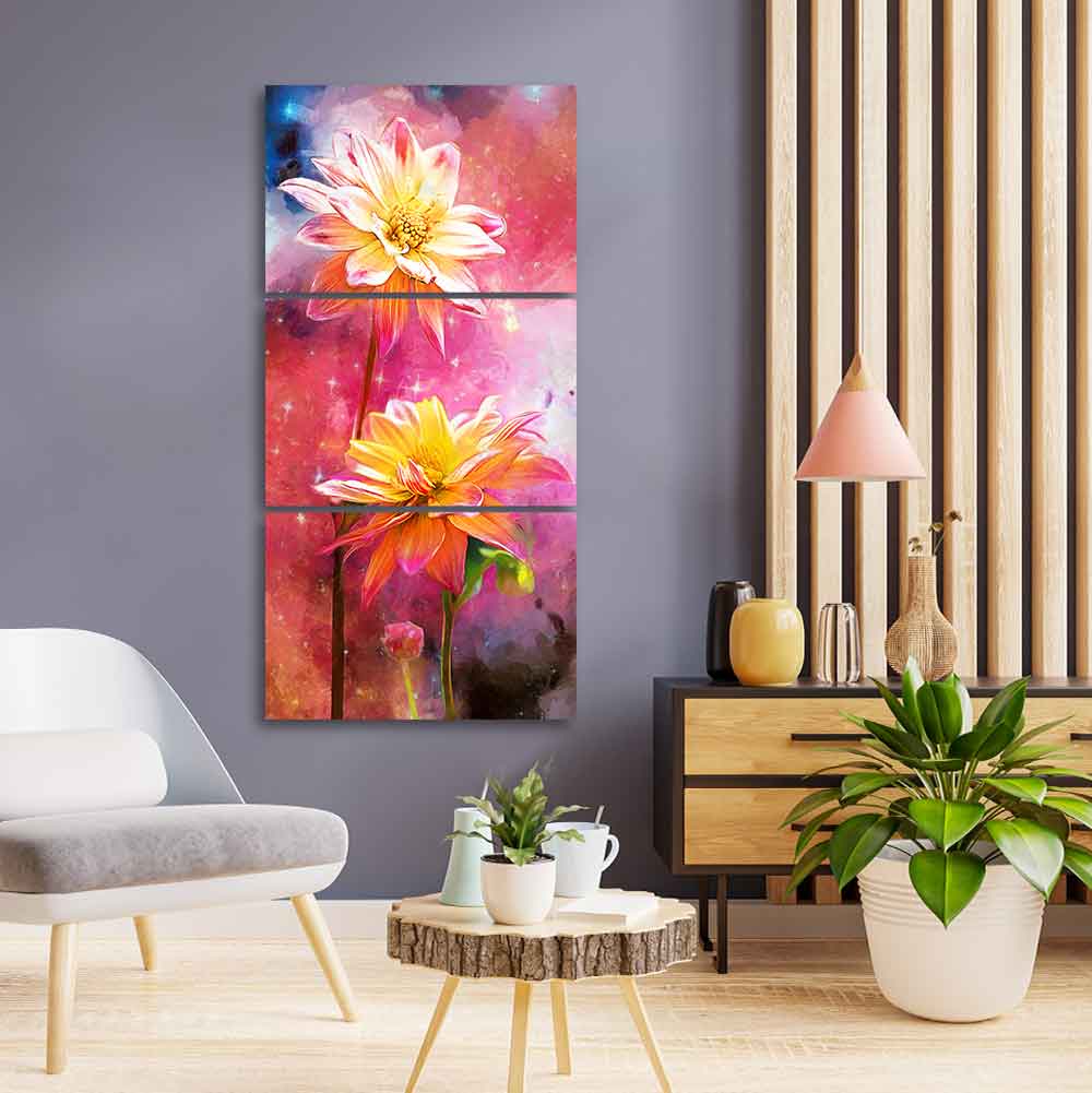 Yellow Flowers on Colorful Galaxy Background 3 Pieces Canvas Wall Painting