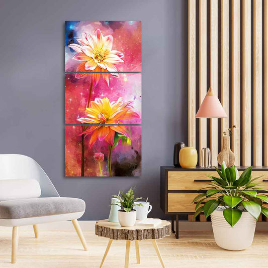 Yellow Flowers on Colorful Galaxy Background 3 Pieces Canvas Wall Painting