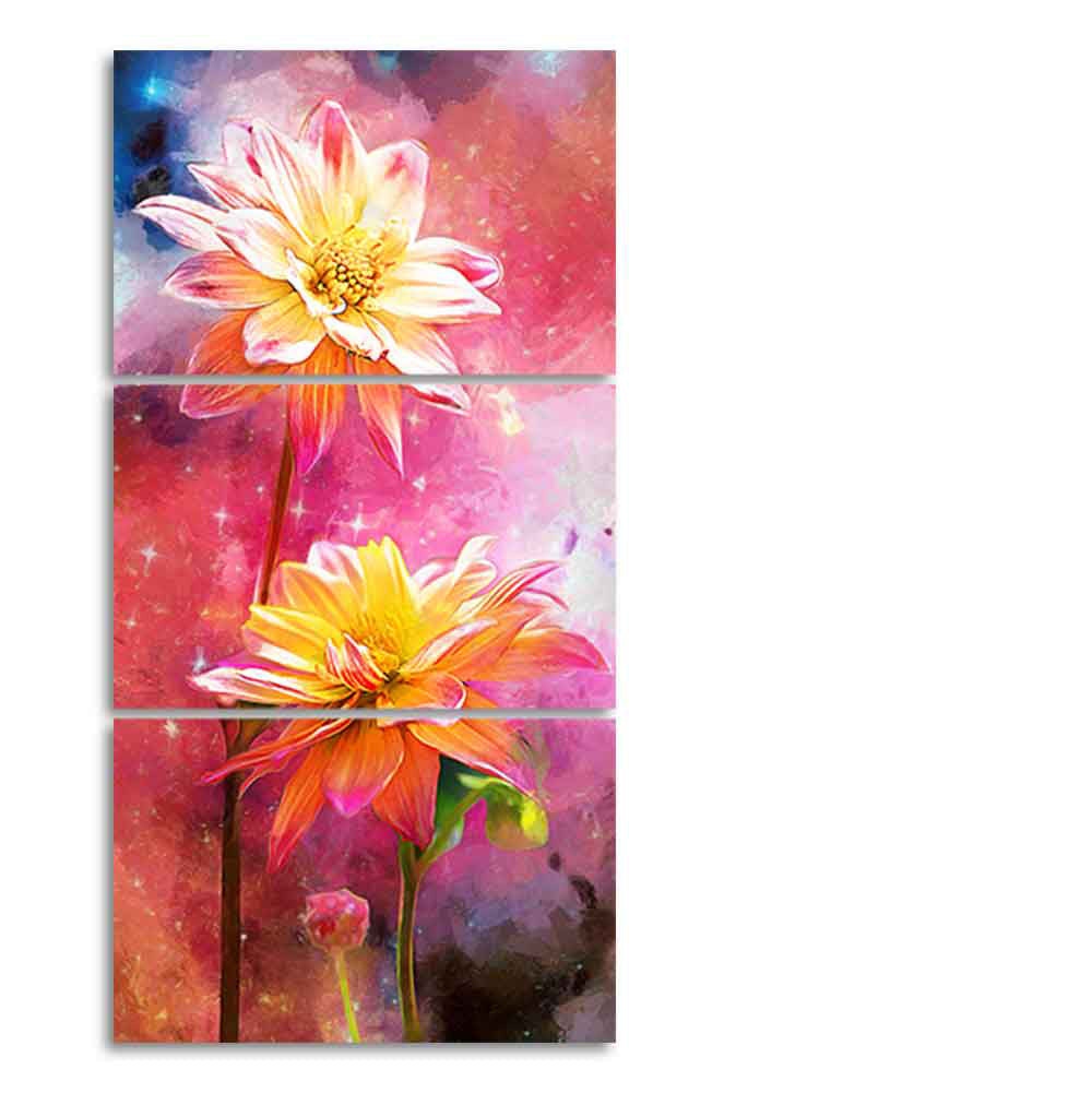 Yellow Flowers on Colorful Galaxy Background 3 Pieces Canvas Wall Painting