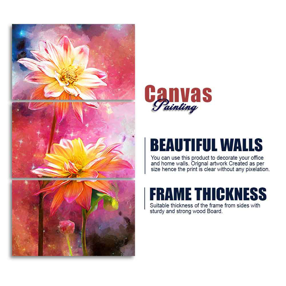 Yellow Flowers on Colorful Galaxy Background 3 Pieces Canvas Wall Painting