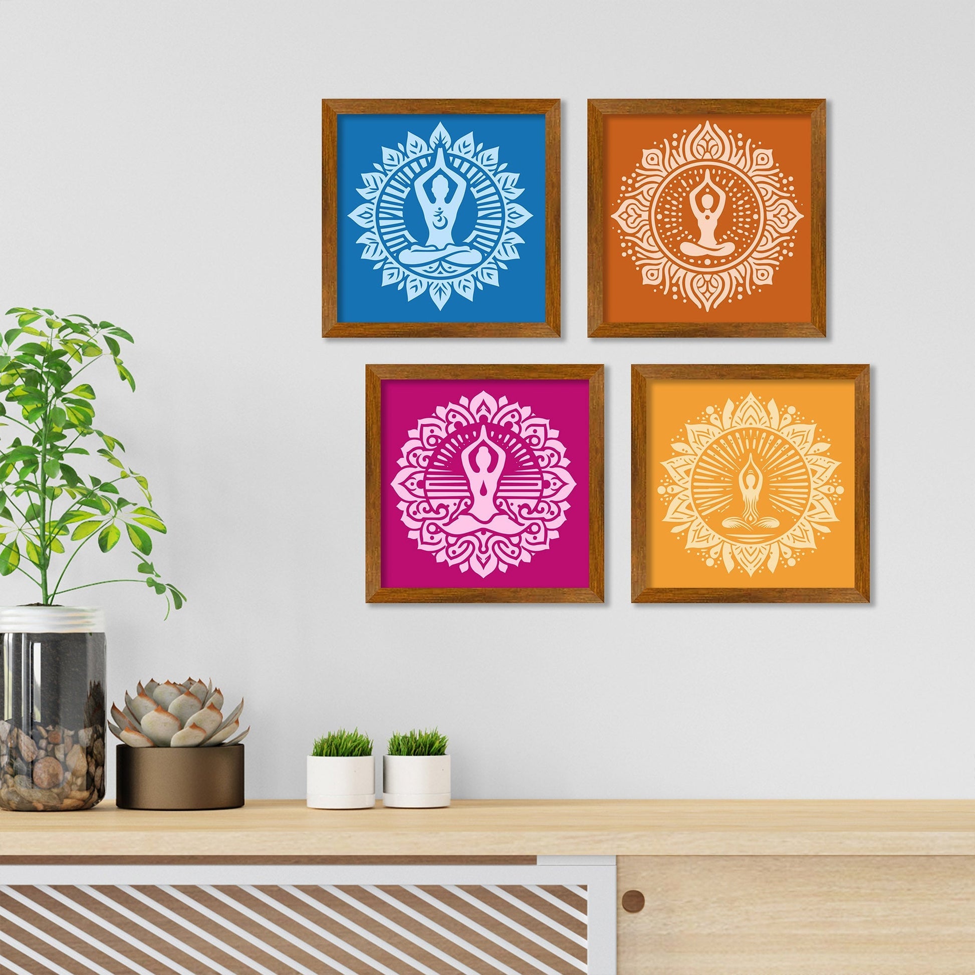 Yogaasana Art Wooden Wall Frame Set of Four