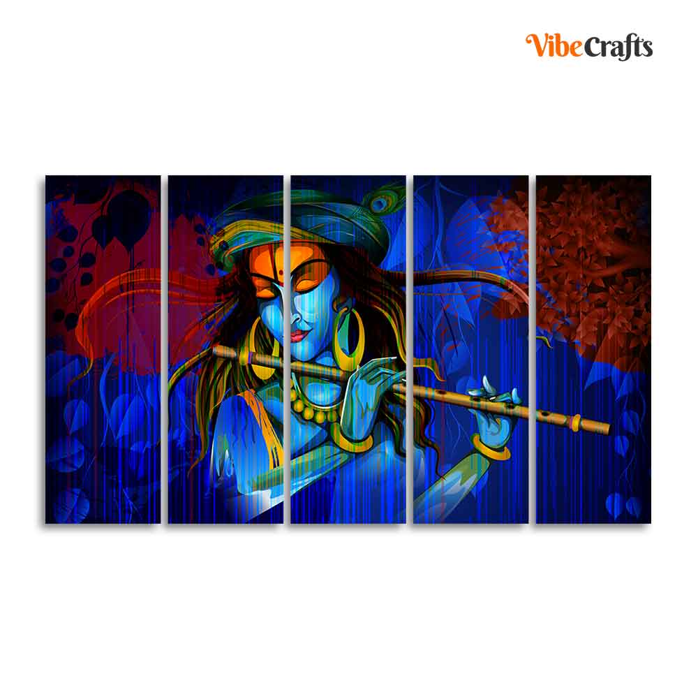 5 Pieces Canvas Wall Painting of Lord Krishna Playing Flute
