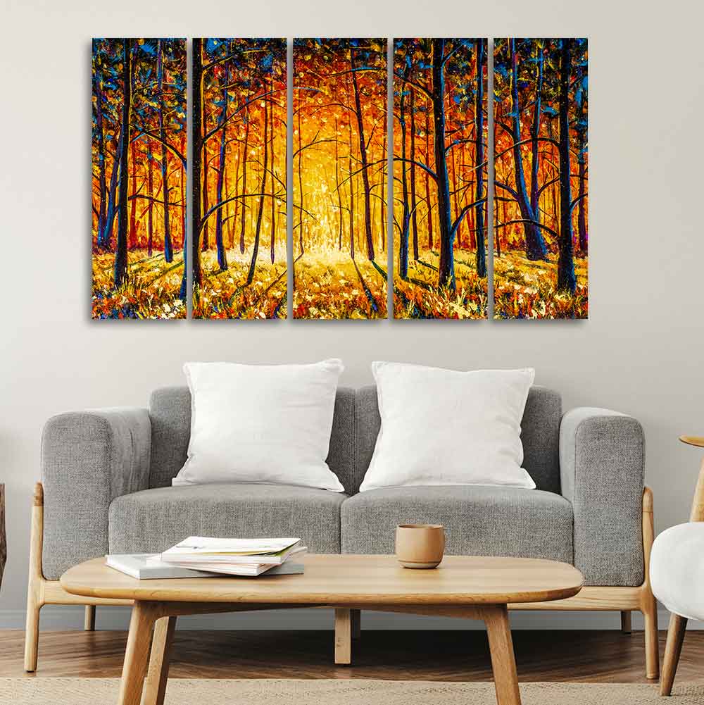 A Beautiful 5 Pieces Premium Wall Painting of Tree Forest in Sunset