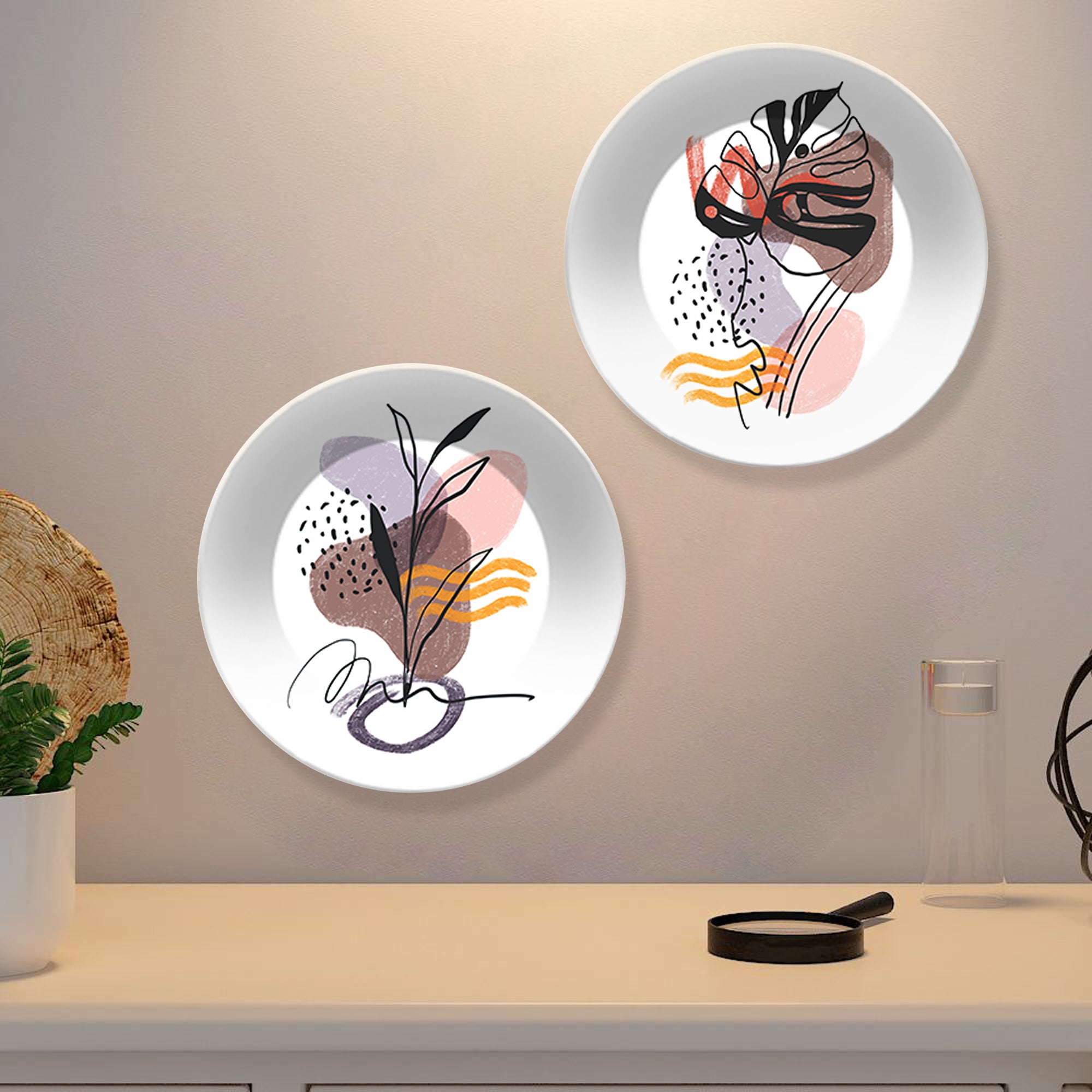 Abstract Line Art Ceramic Wall Hanging Plates of Two Pieces