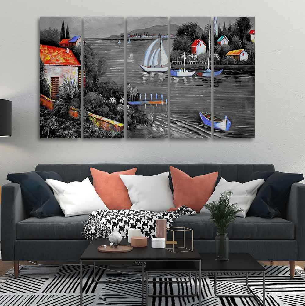 Beautiful Lake View Scenery Canvas Wall Painting Set of Five