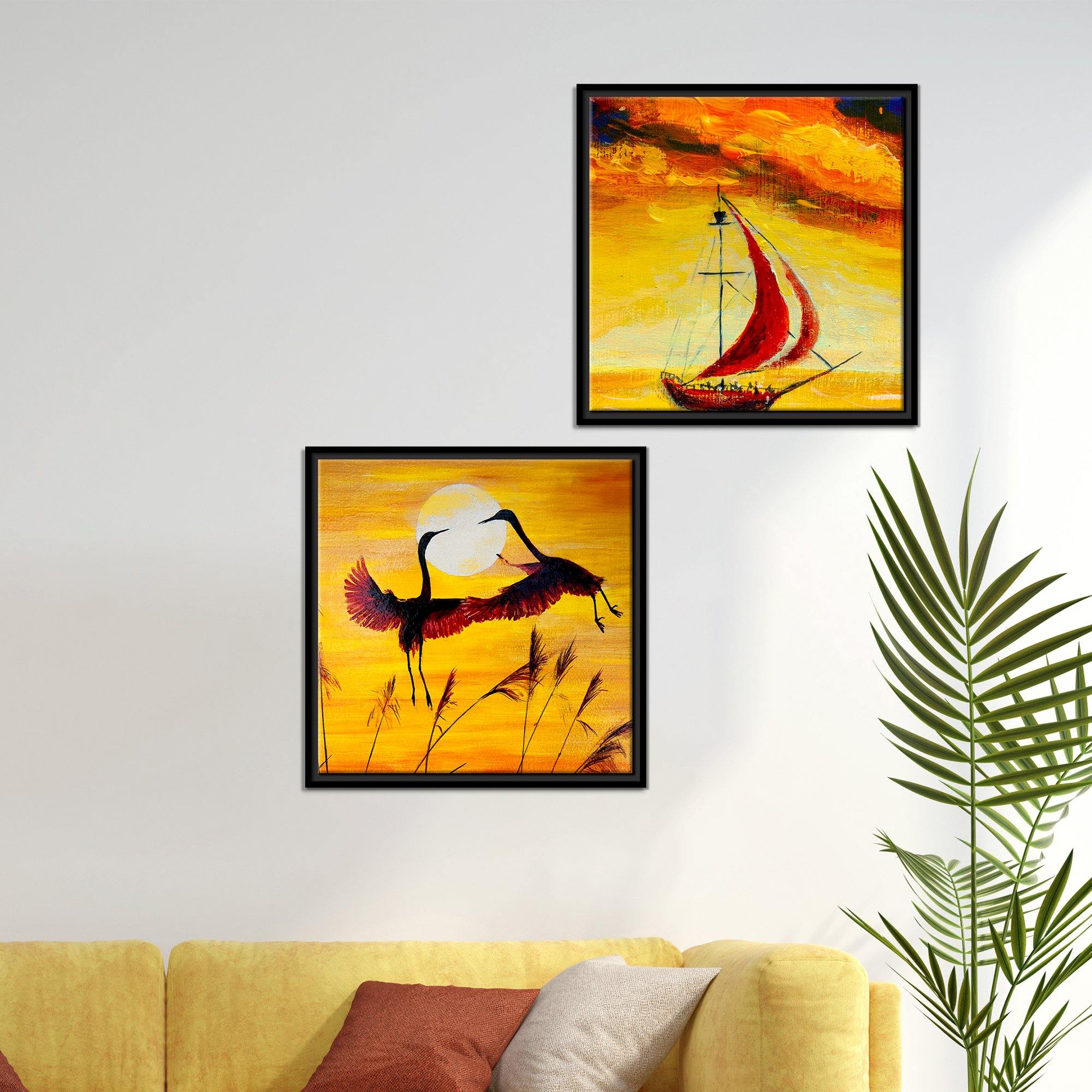 Boat & Cranes Sunset Wall Painting Two Pieces Floating Frame