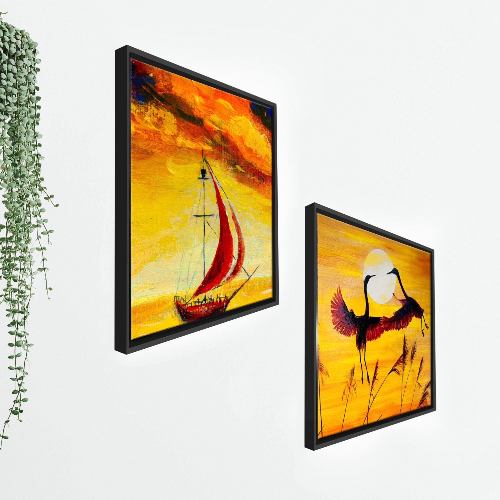 Boat & Cranes Sunset Wall Painting 2 Pieces Floating Frame