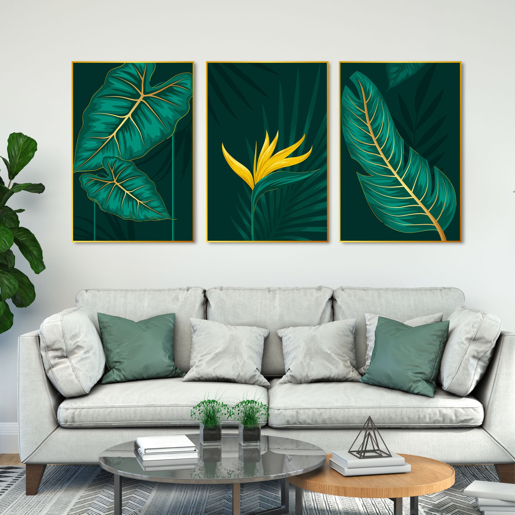 Botanical Leaf Floating Canvas Wall Painting Set of Three
