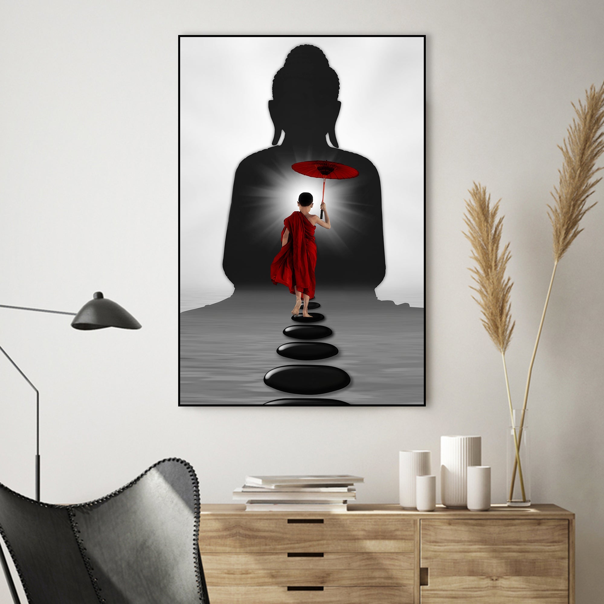 Buddha & Monk Floating Canvas Wall Painting