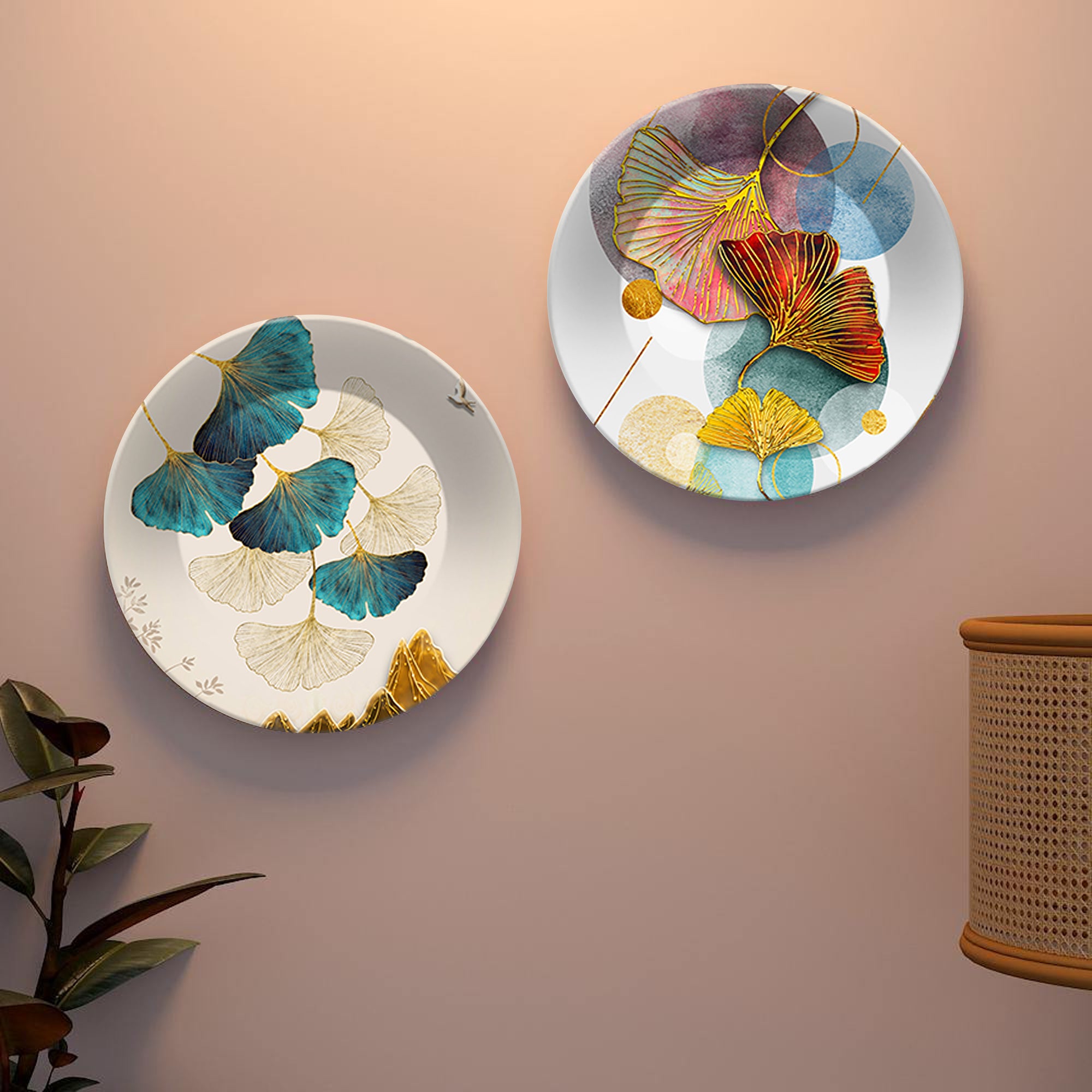 Colorful Flower Ceramic Wall Hanging Plates of Two Pieces