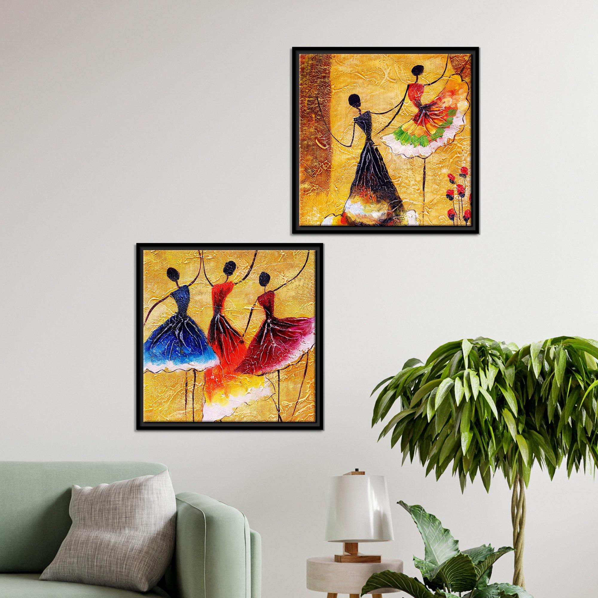 Dancing Women Warli Art Canvas Wall Painting of Two Pieces Floating Frame
