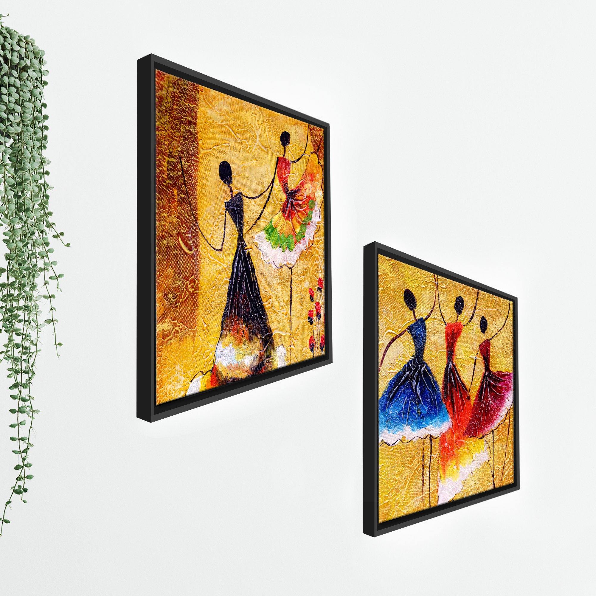 Dancing Women Warli Art Canvas Wall Painting of 2 Pieces Floating Frame