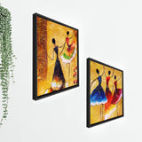 Dancing Women Warli Art Canvas Wall Painting of 2 Pieces Floating Frame