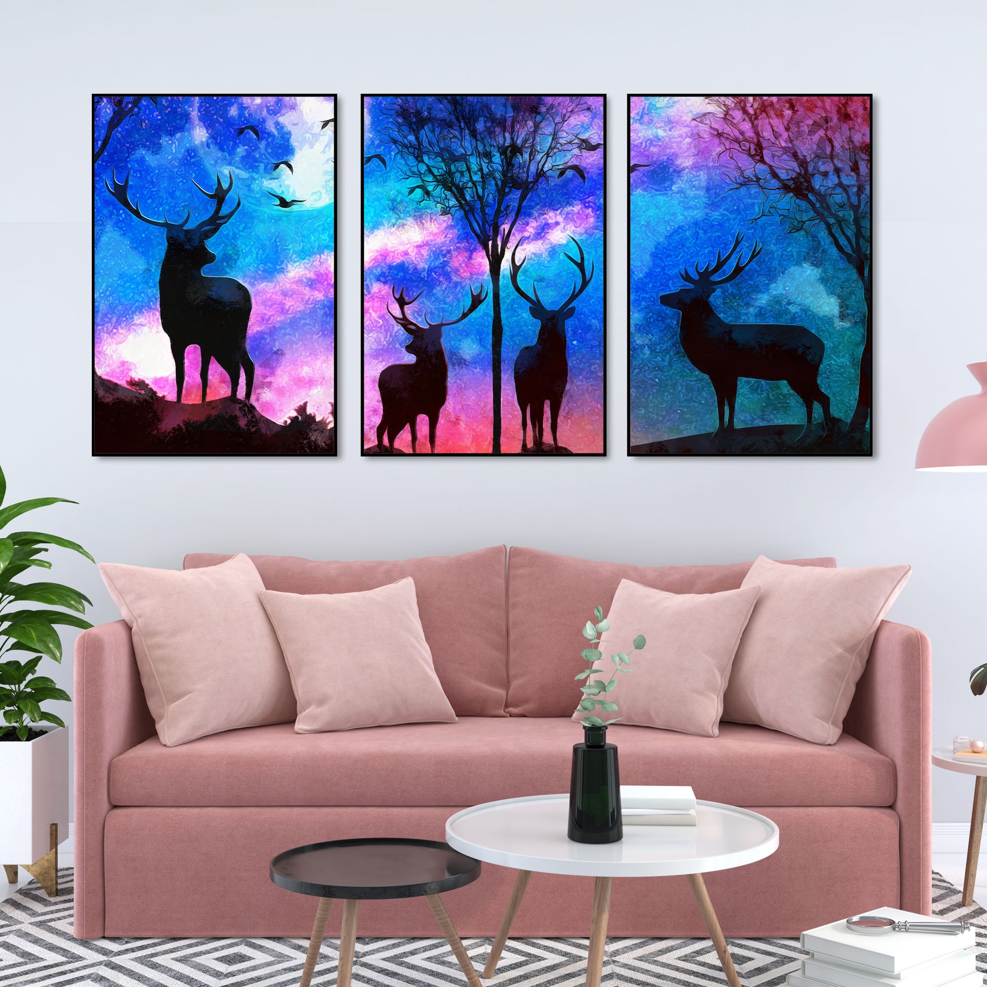 Deer Silhouette Floating Canvas Wall Painting Set of Three