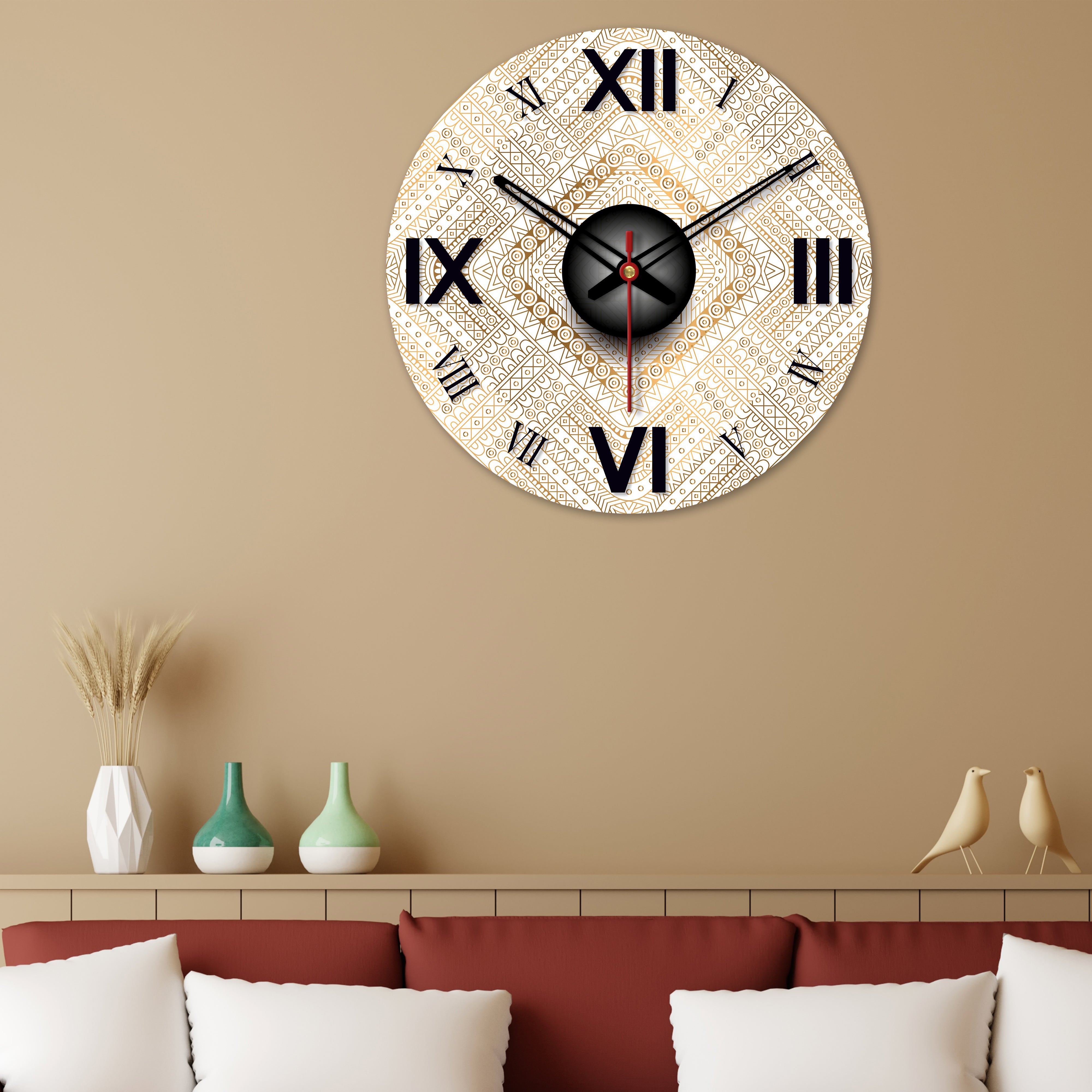 Detailed Golden Pattern Wooden Wall Clock