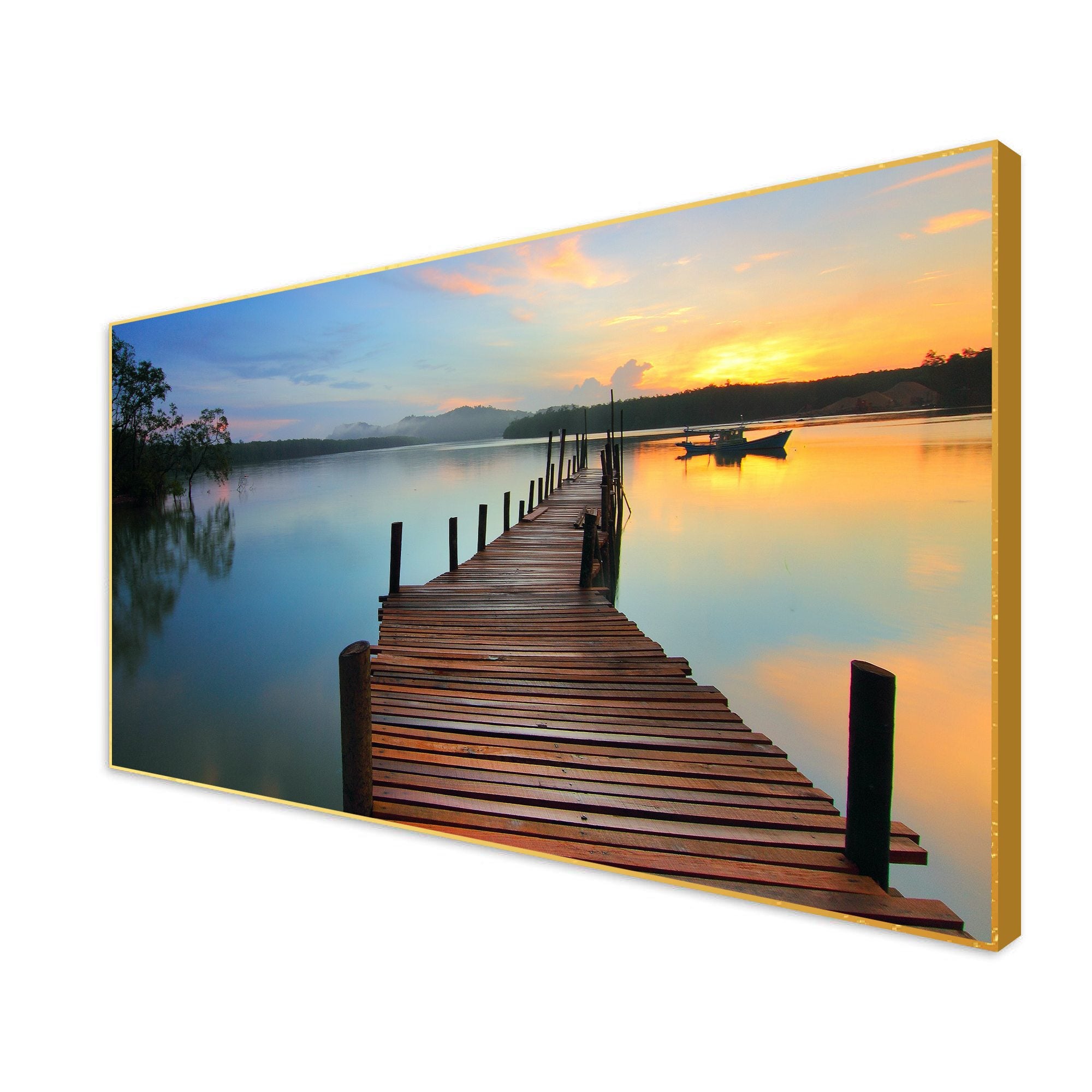 Wooden Jetty Lake in Sunset Floating Wall Painting
