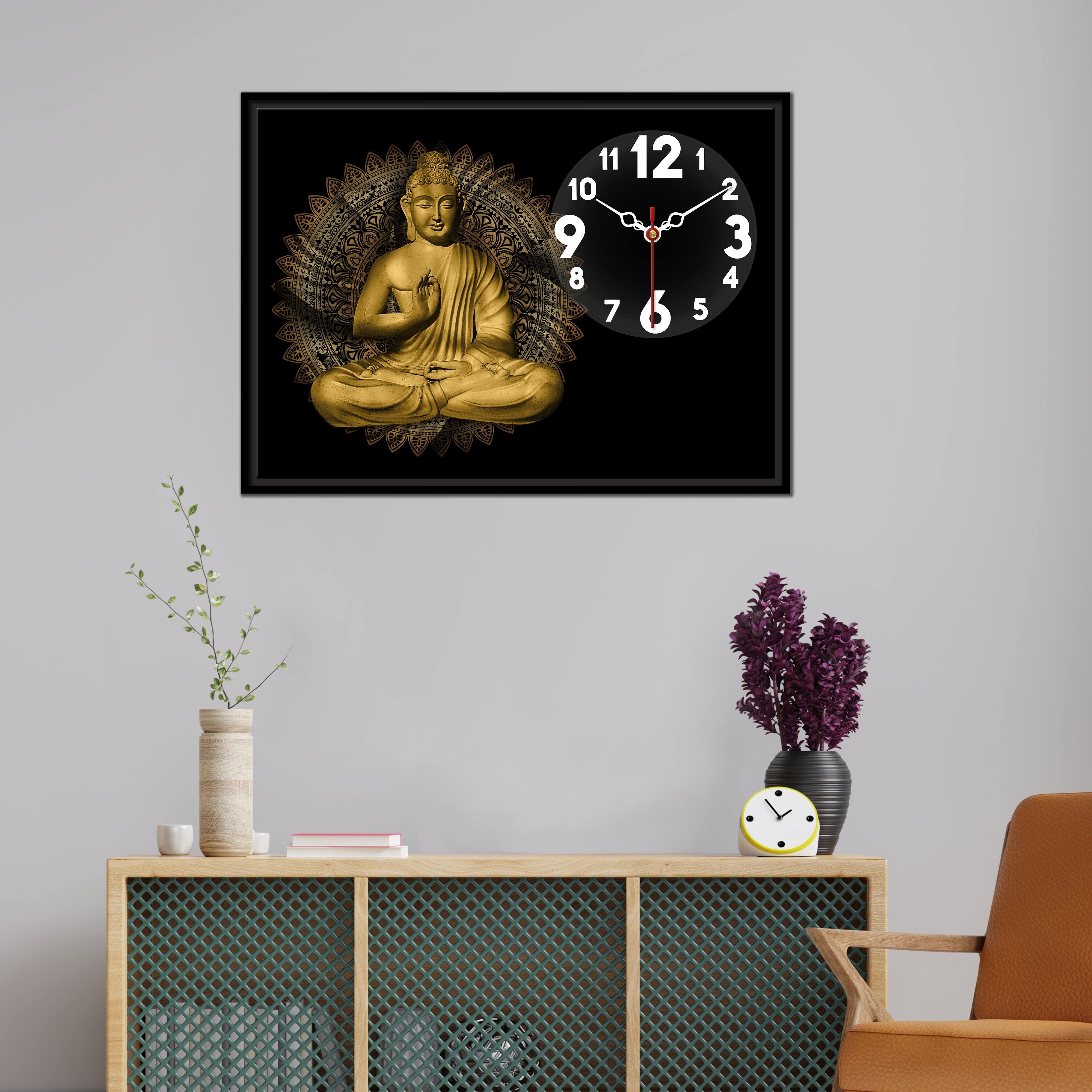 Floating Frame Gautam Buddha Wall Painting with Clock