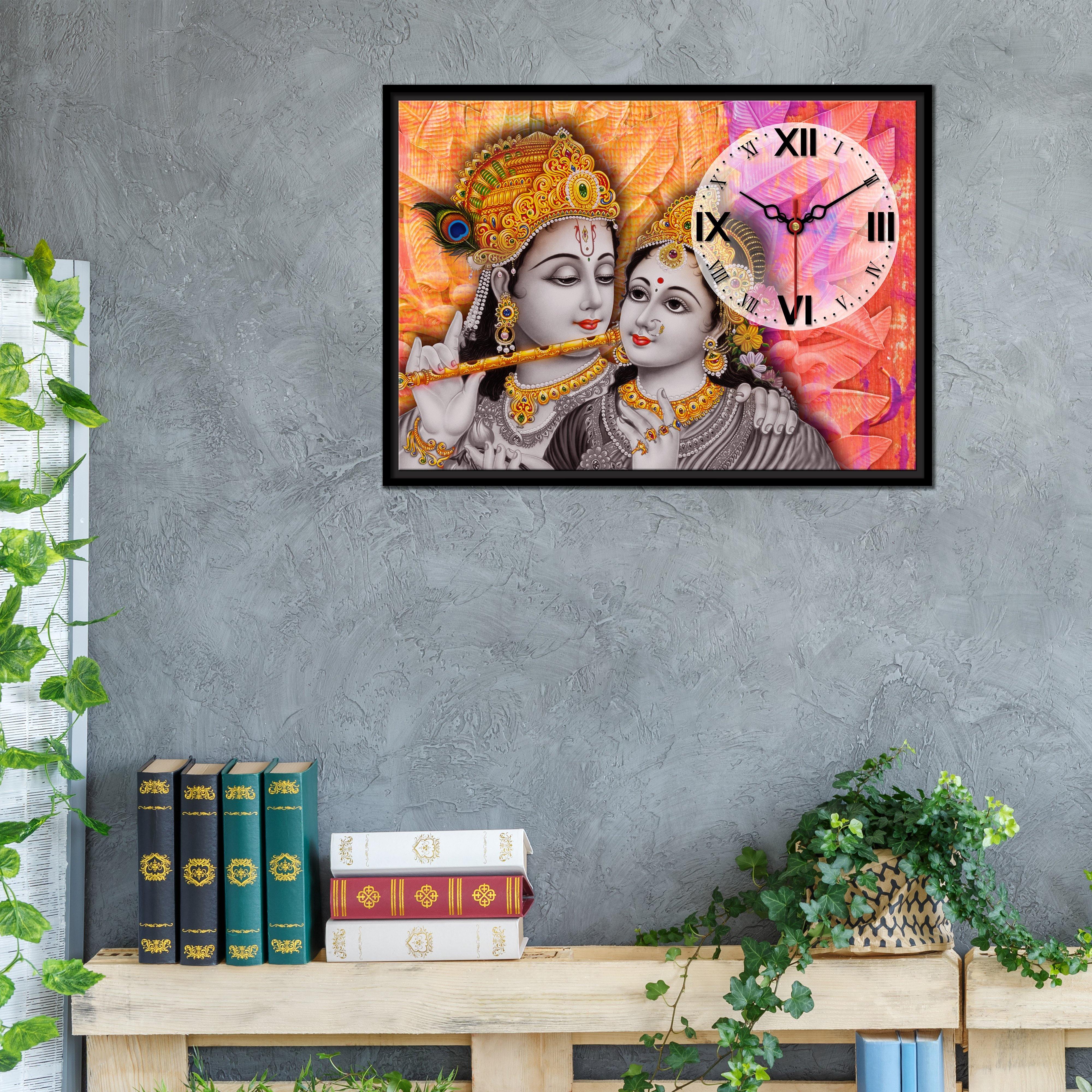 Floating Frame Lord Krishna Wall Painting with Clock