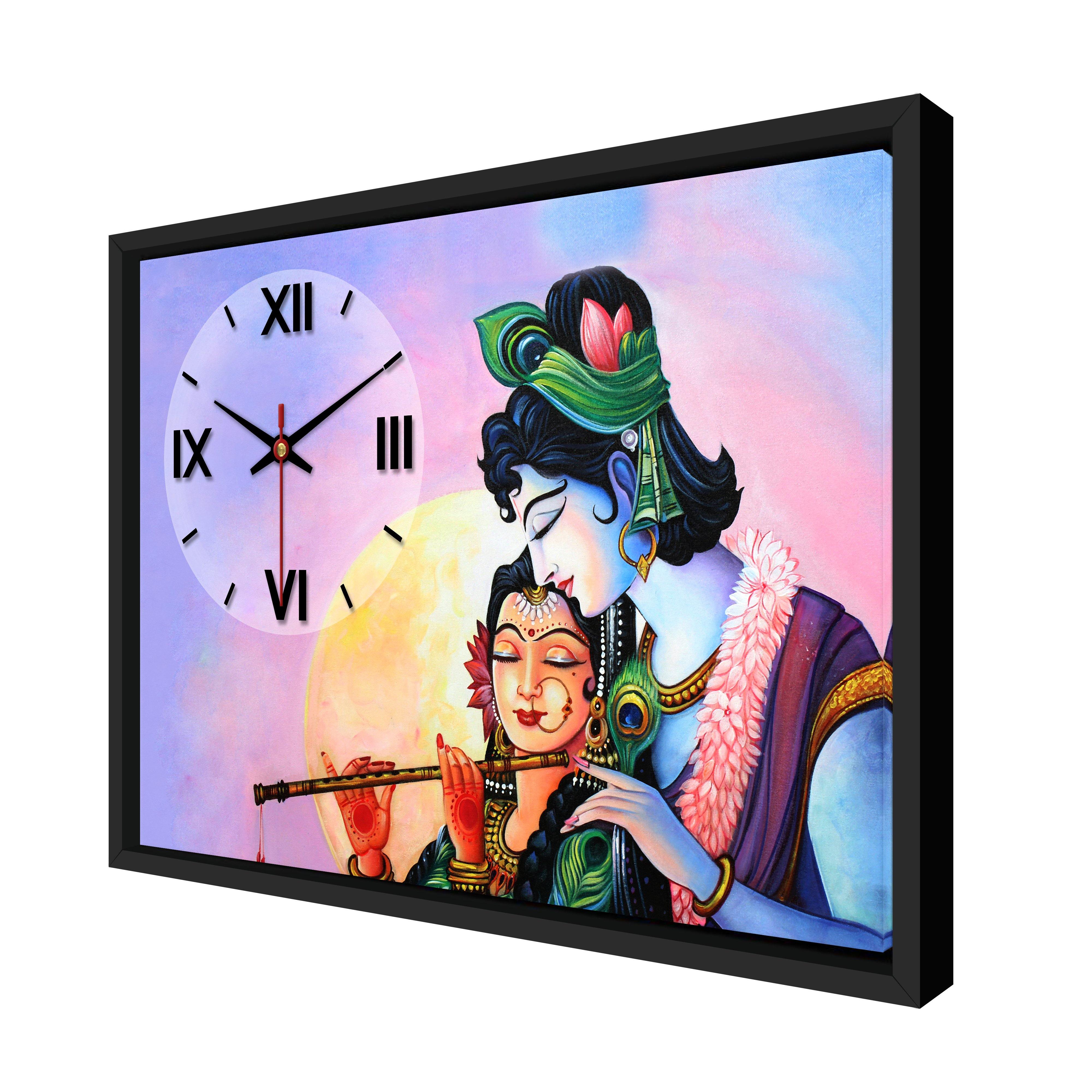 Floating Frame Lord Radha Krishna Wall Painting with Clock