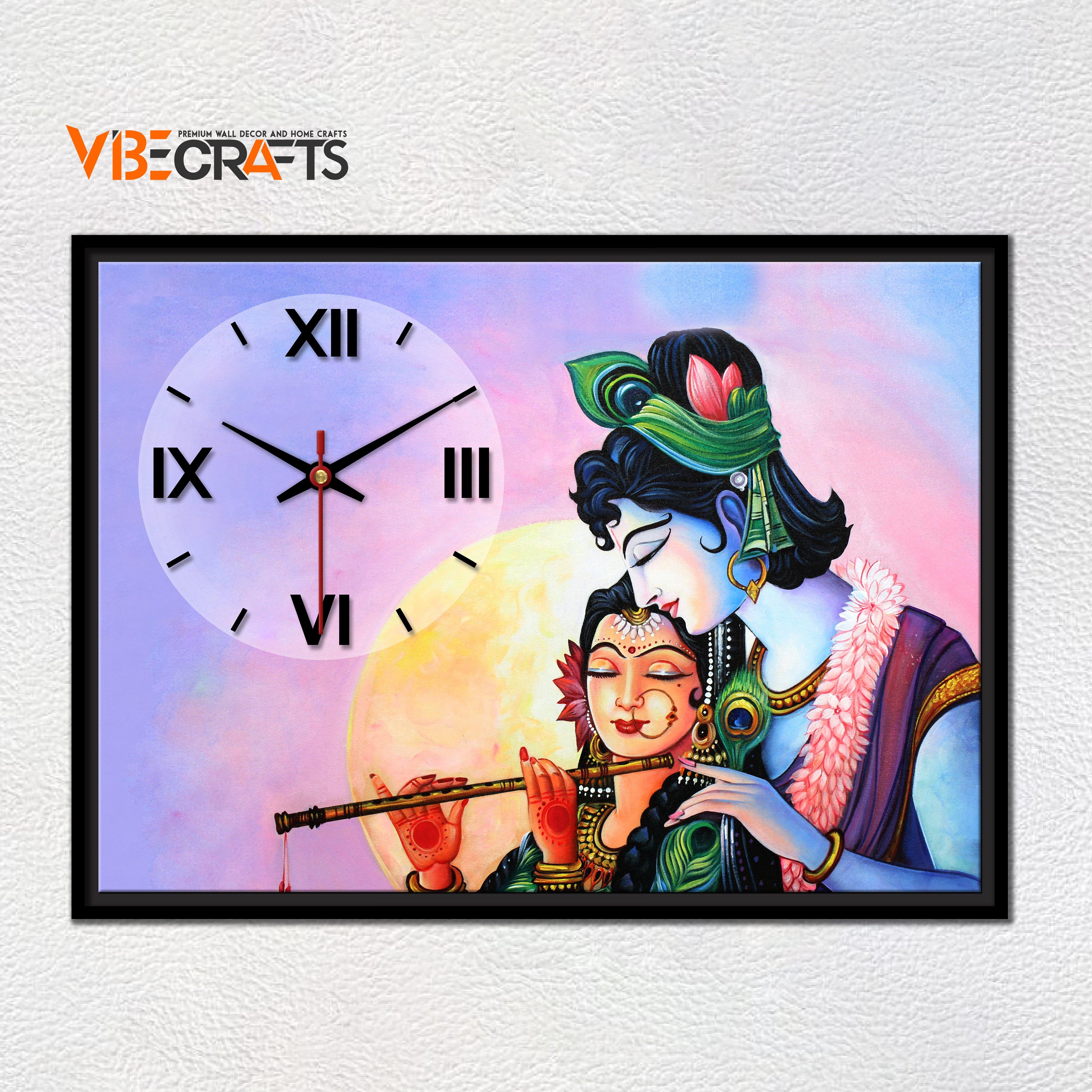 Floating Frame Lord Radha Krishna Wall Painting with Clock