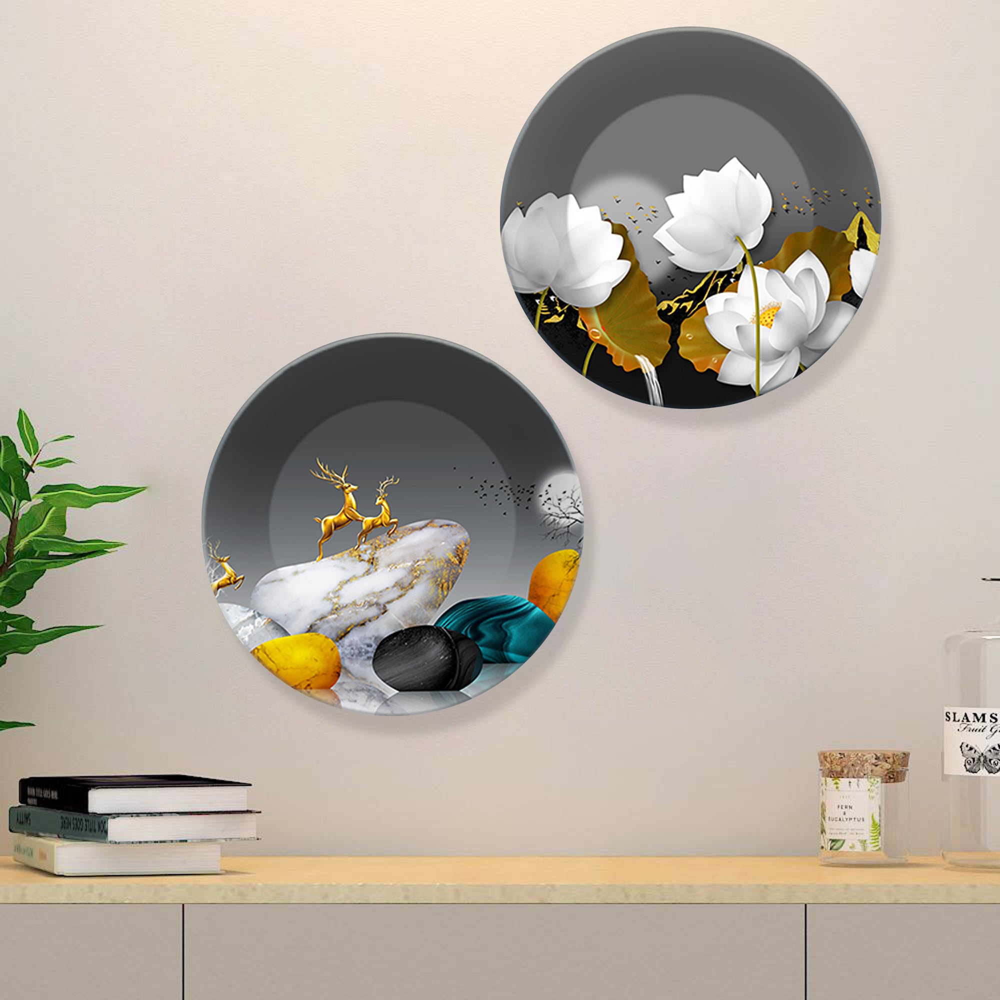 Flower and Deer Ceramic Wall Hanging Plates Set of Two