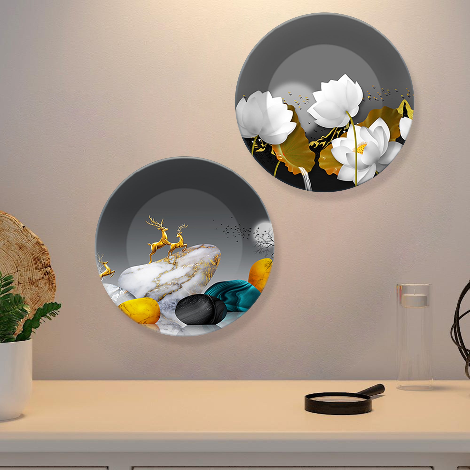 Flower and Deer Ceramic Wall Hanging Plates Set of Two