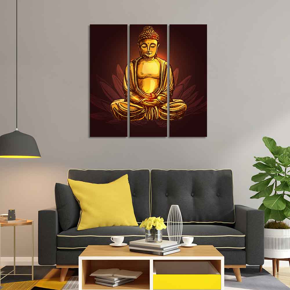God Gautam Buddha Canvas Wall Painting of 3 Pieces