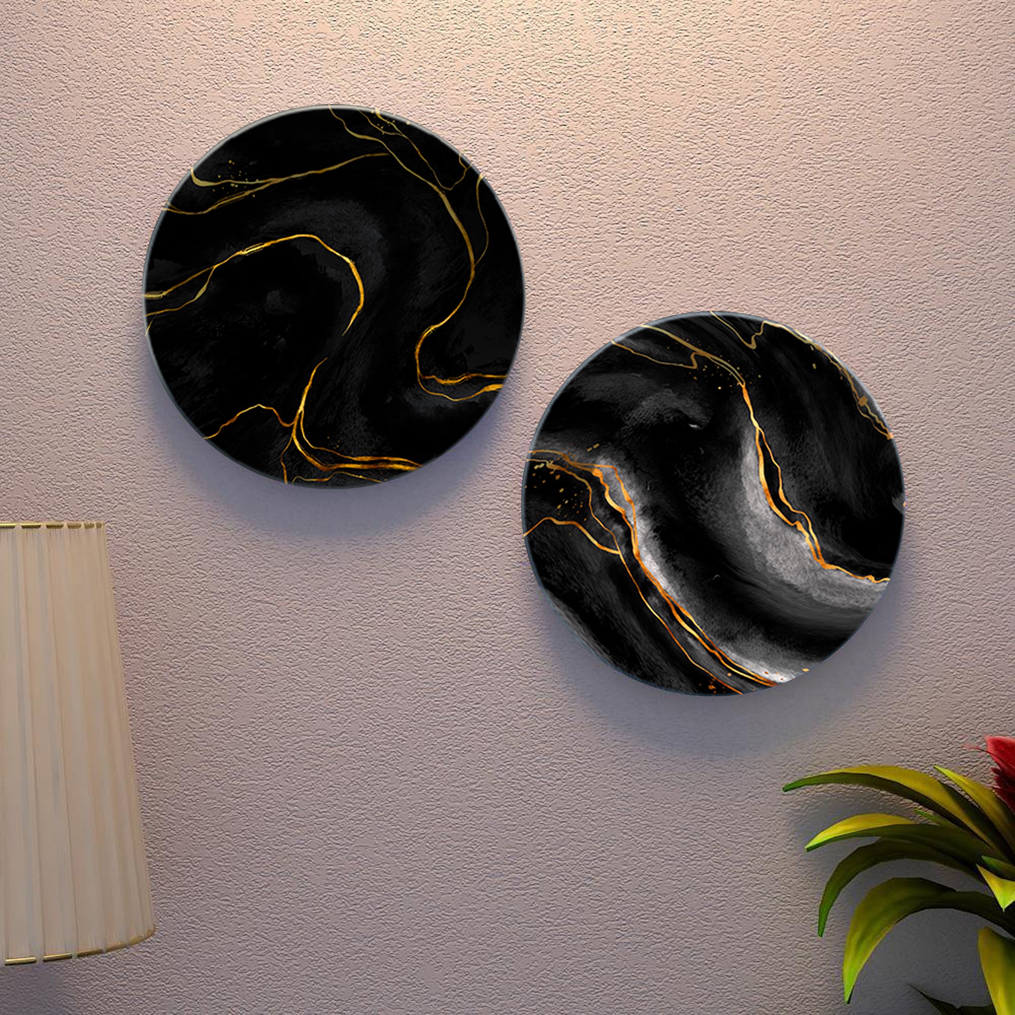 Gold & Black Texture Ceramic Wall Hanging Plates of Two Pieces