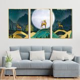 Golden Deer Floating Canvas Wall Painting Set of Three