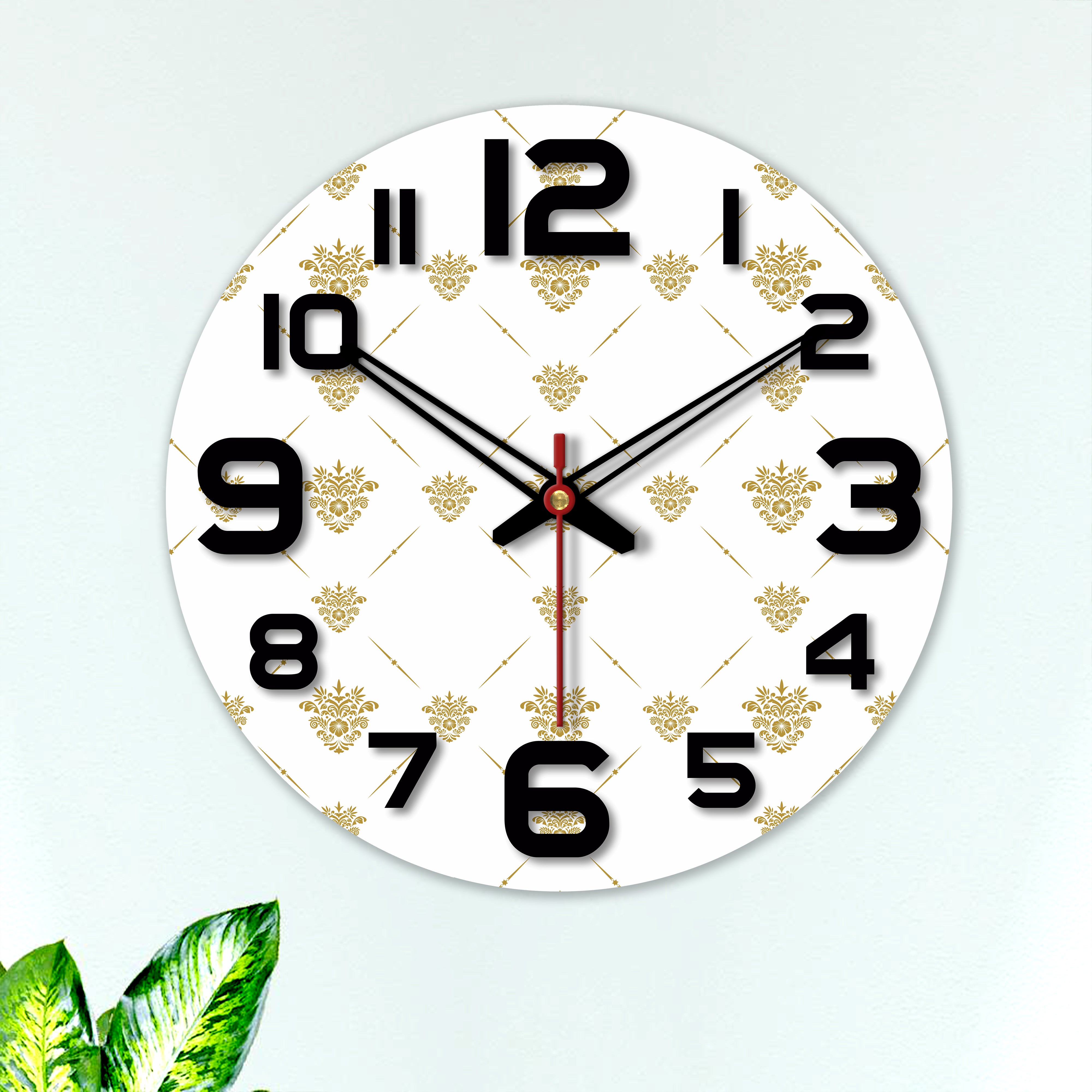 Golden Floral Pattern Wooden Wall Clock