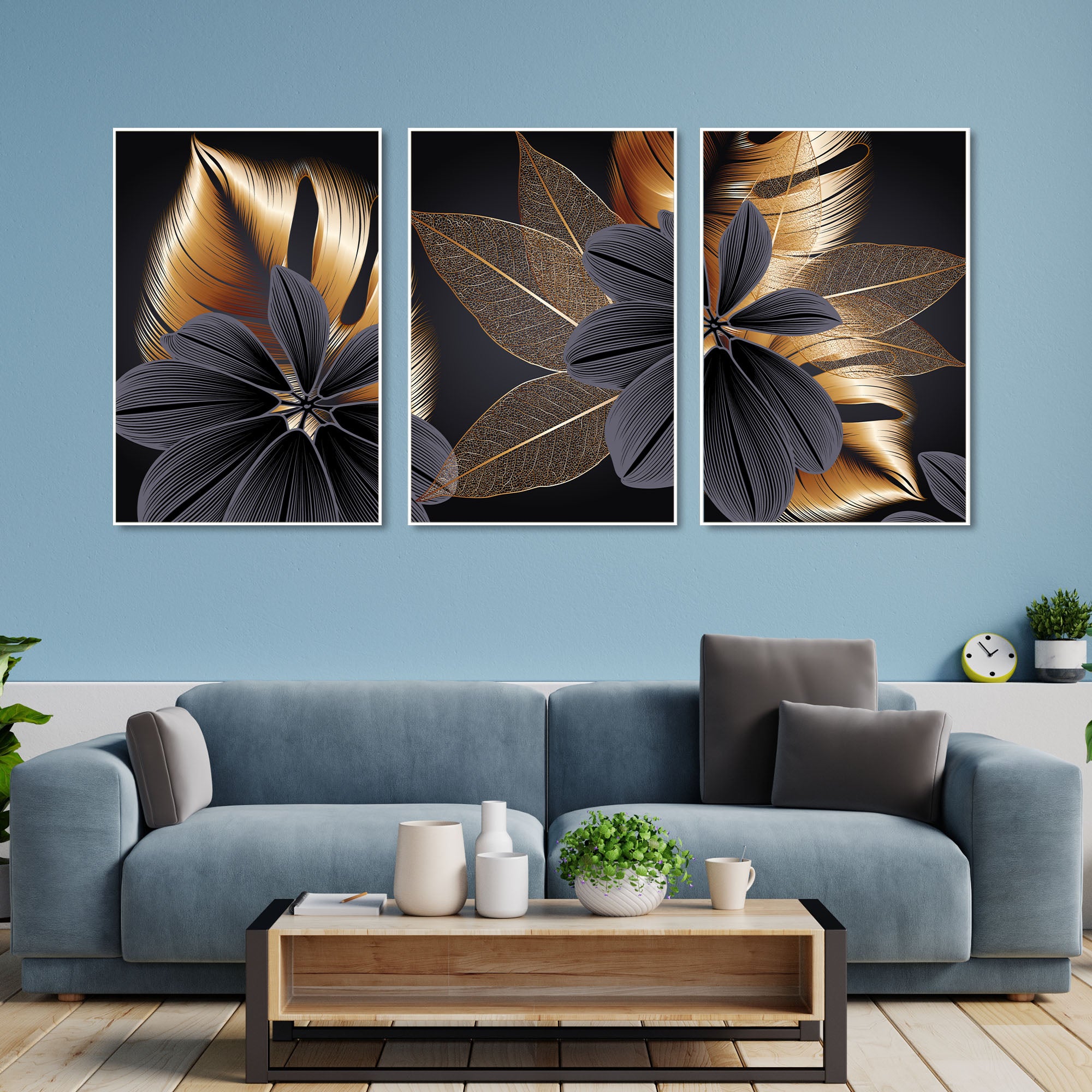 Golden Leaf Flower Floating Canvas Wall Painting Set of Three