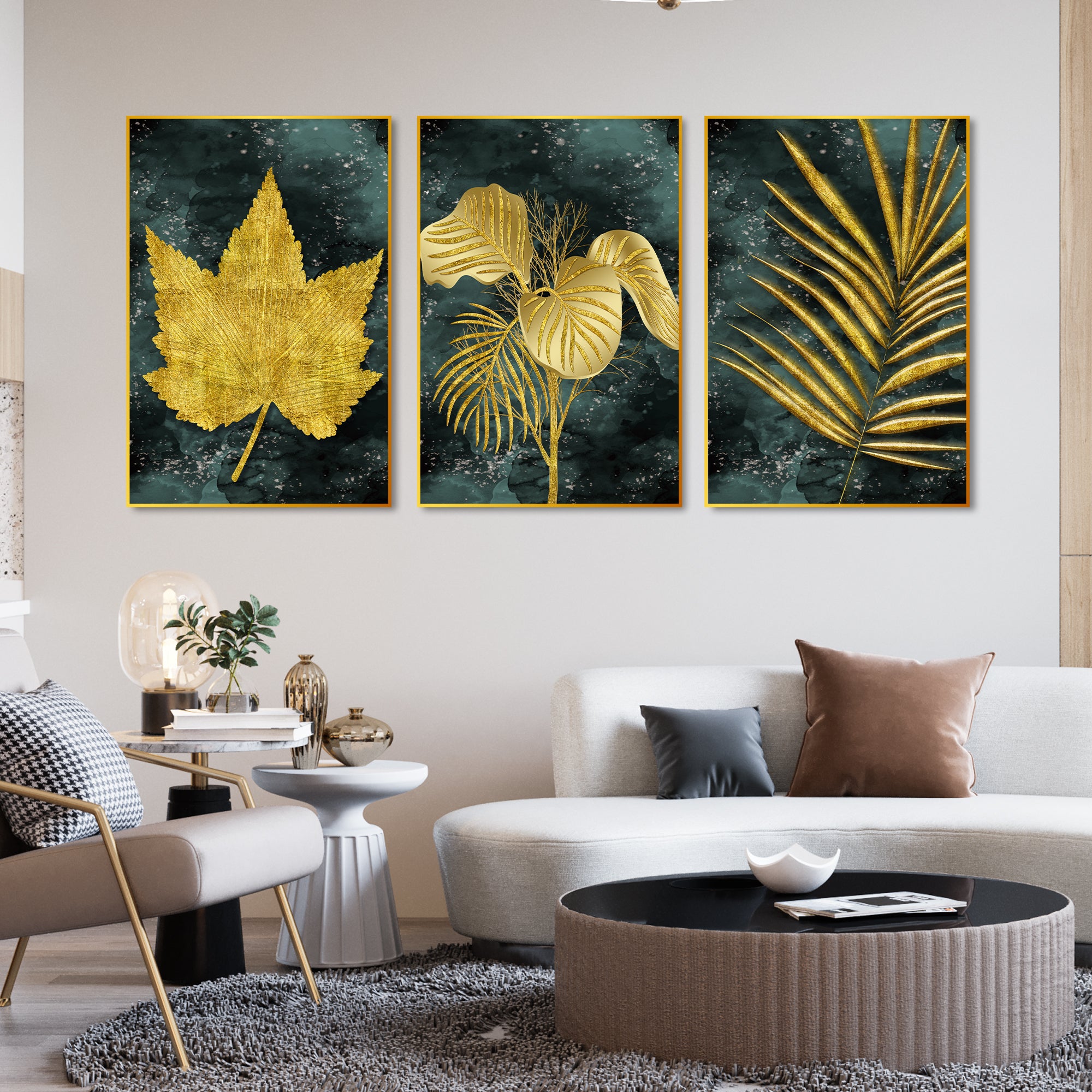 Golden Leaves Floating Canvas Wall Painting Set of Three