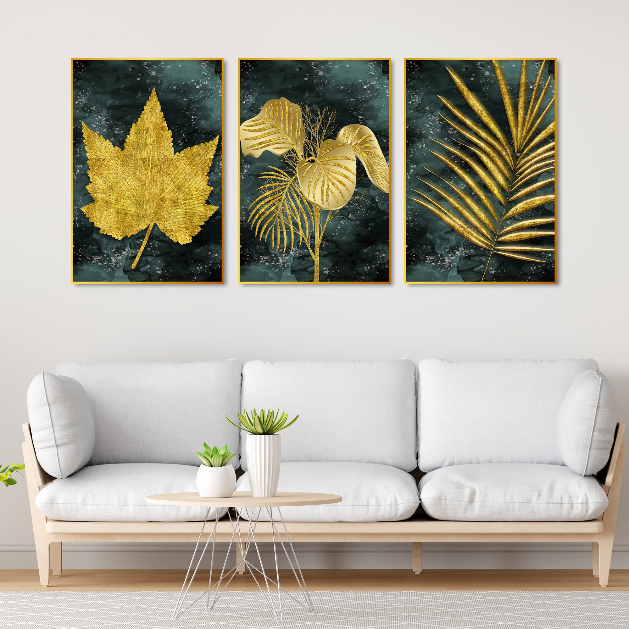 Golden Leaves Floating Canvas Wall Painting Set of Three