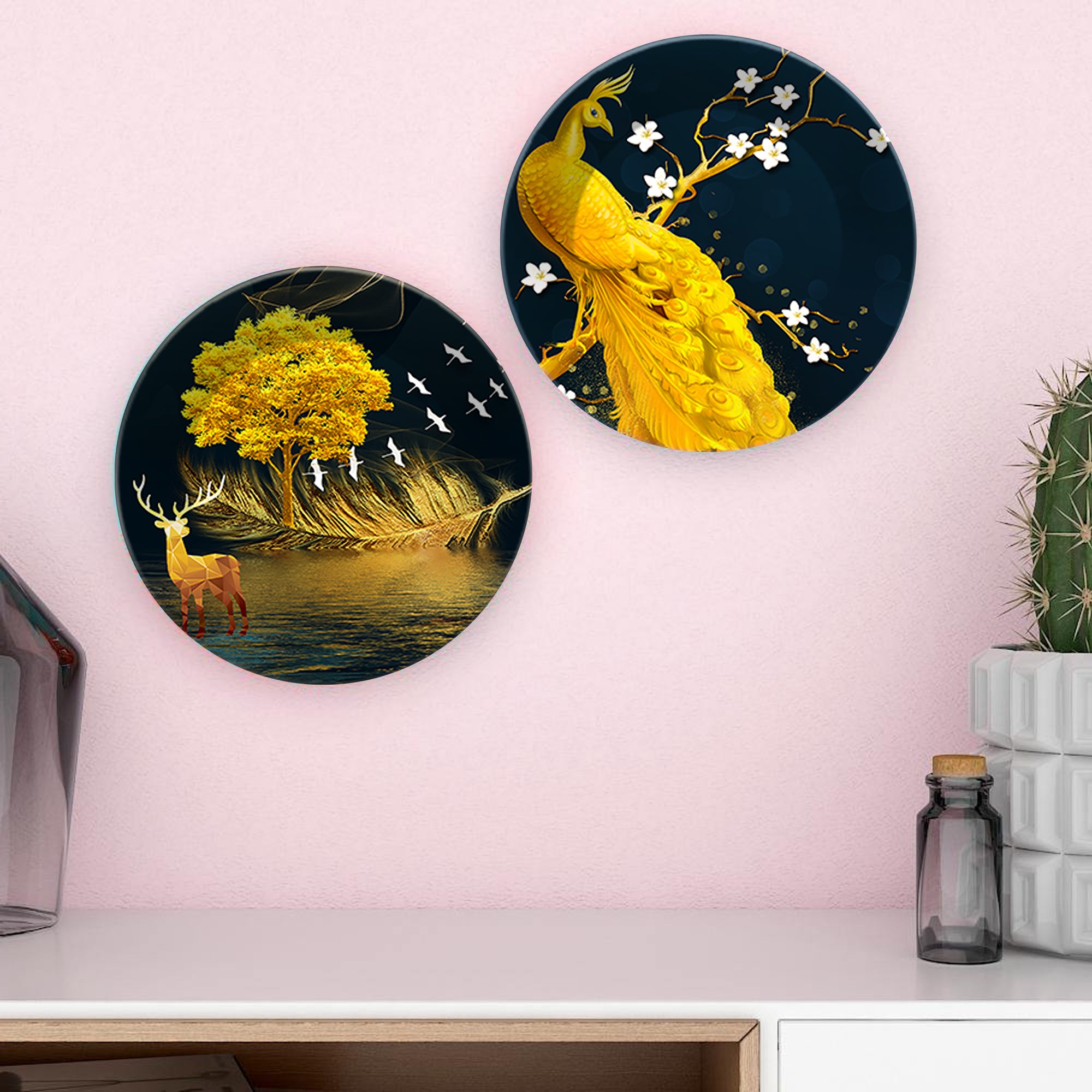 Golden Peacock & Deer Ceramic Wall Hanging Plates of Two Pieces