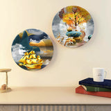 Golden Ship and Tree Ceramic Wall Hanging Plates of Two Pieces