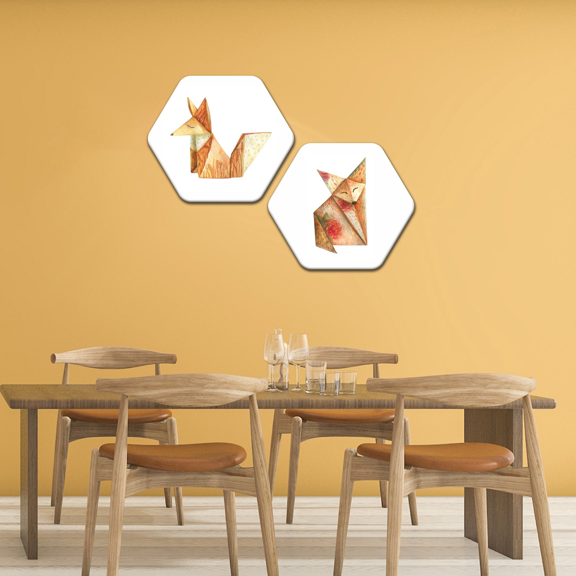 Premium 2 Pieces Hexagon Painting of Origami Fox