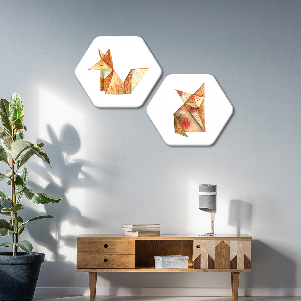 Premium 2 Pieces Hexagon Painting of Origami Fox