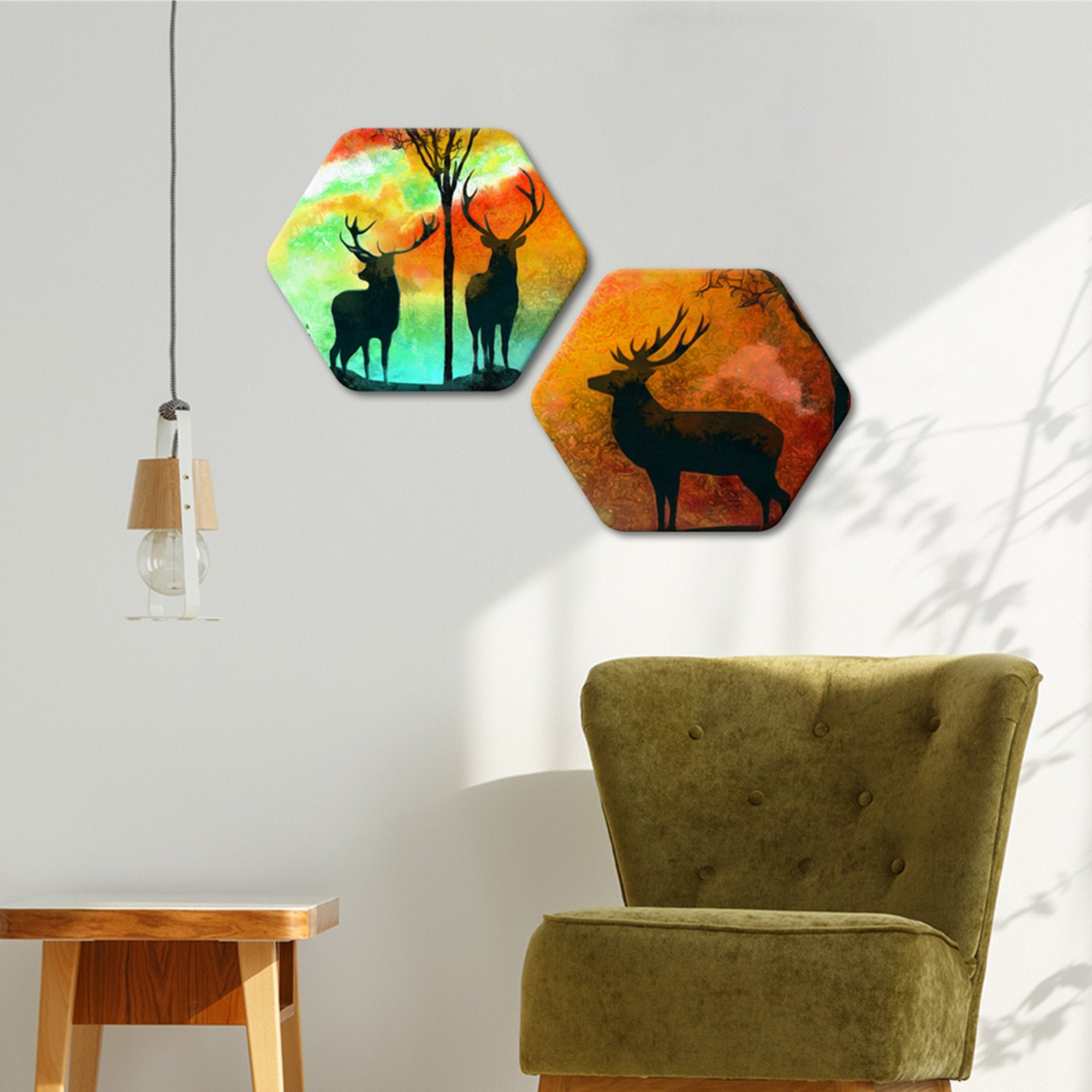 Premium 2 Pieces Hexagon Wall Painting of Silhouette Deer in Colorful Background