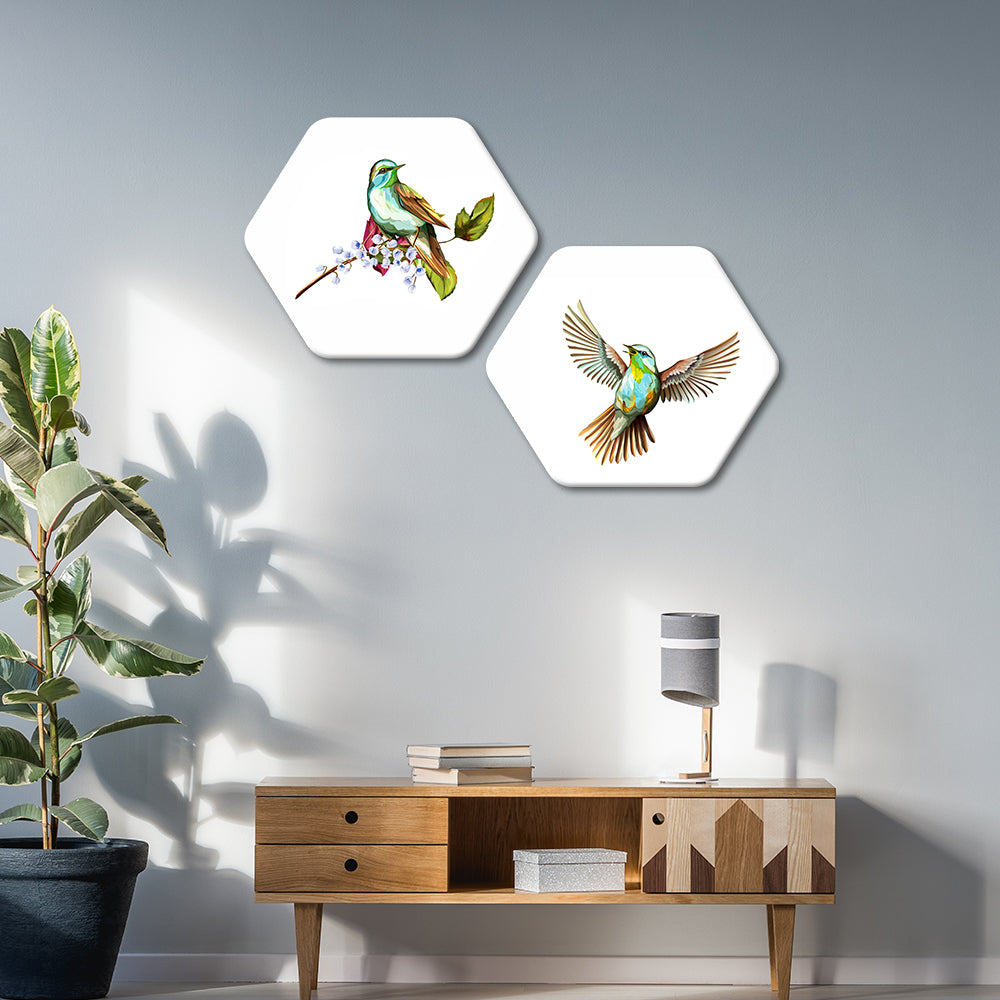 Beautiful Birds Premium Hexagon Wall Painting Set of 2 - Vibecrafts