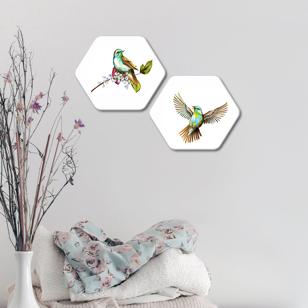 Beautiful Birds Premium Hexagon Wall Painting Set of 2 - Vibecrafts