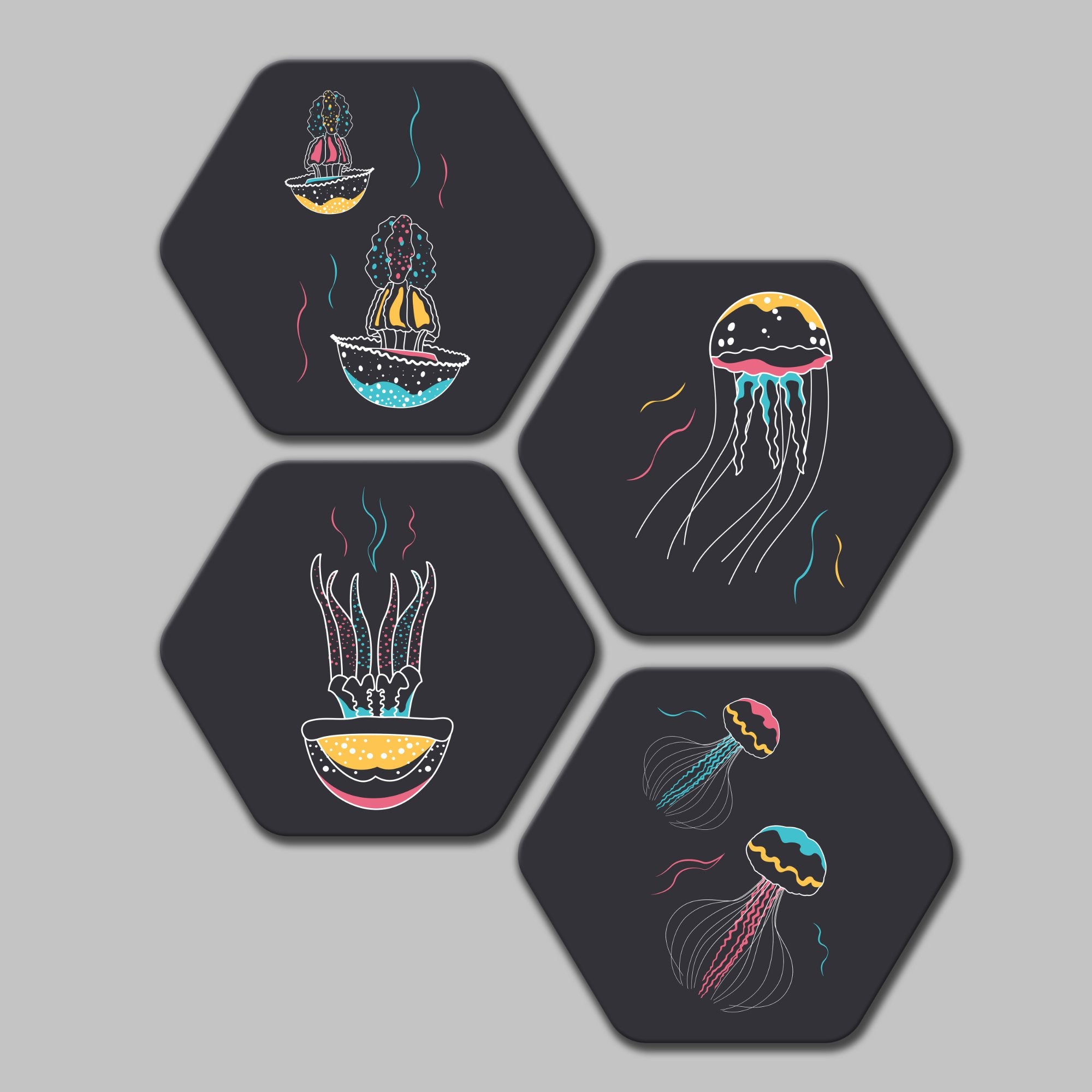 Premium 4 Pieces Hexagon Painting of Jellyfish