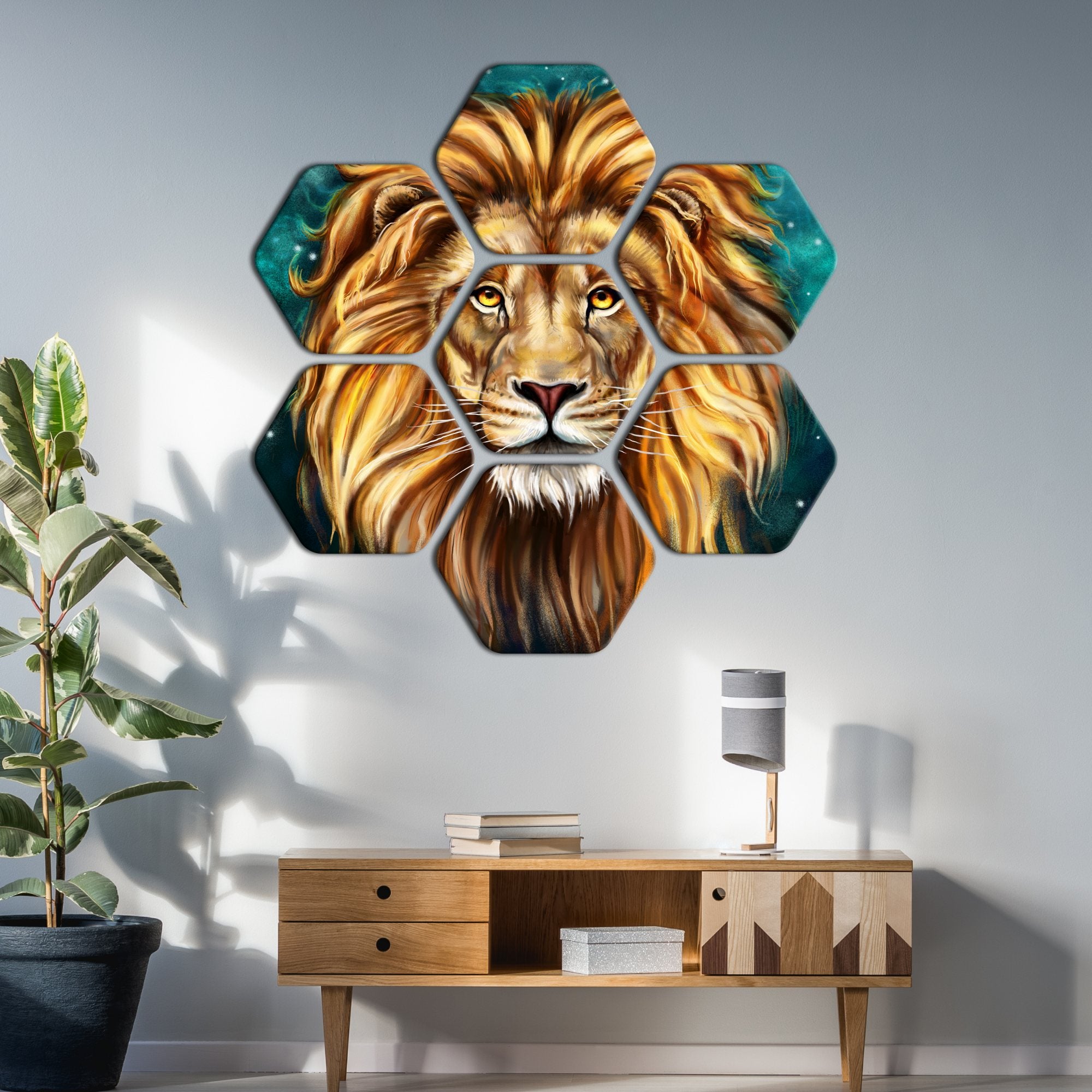 Premium Hexagon Painting of Lion's Face Set of 7
