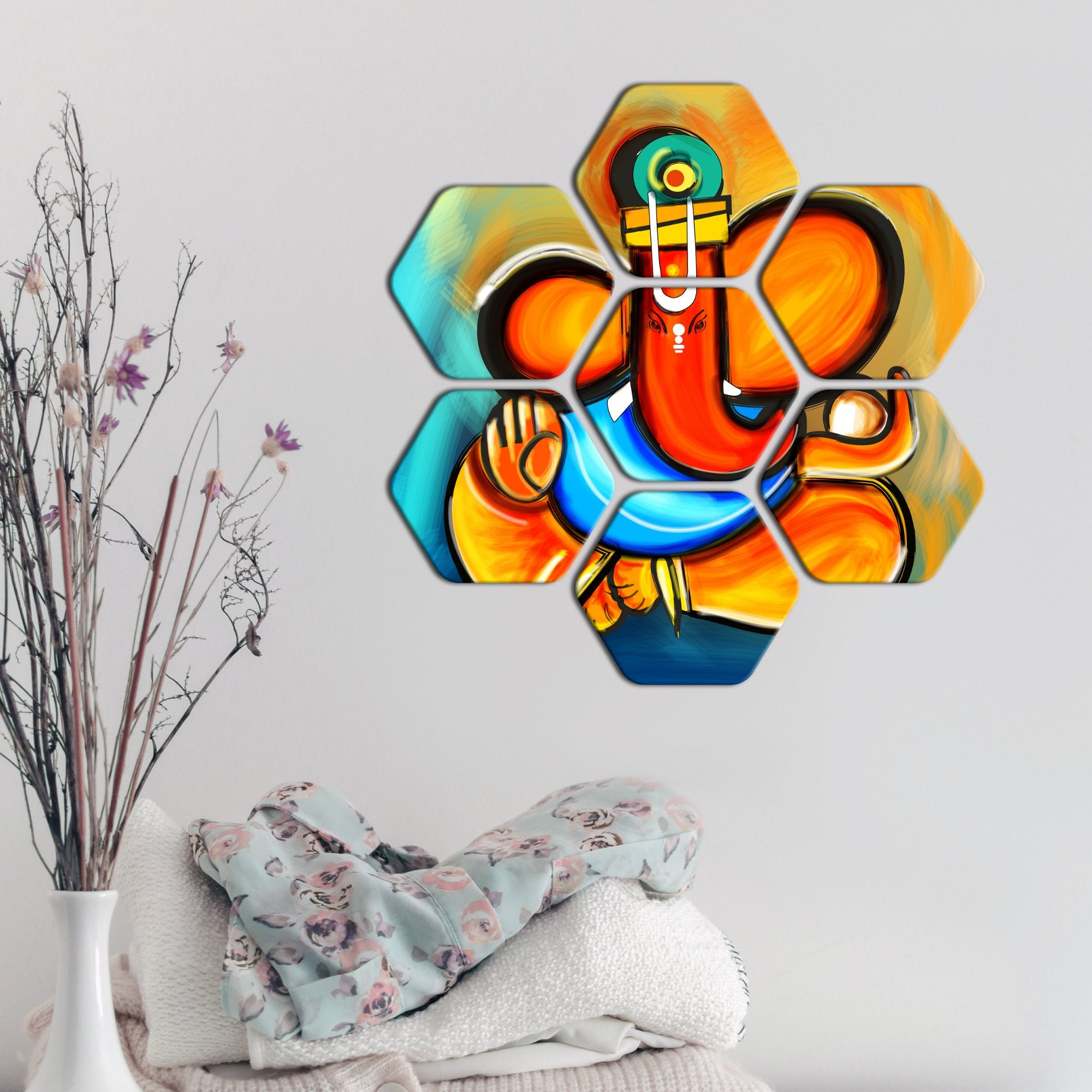 Premium Lord Ganesha 7 Pieces Hexagon Wall Painting