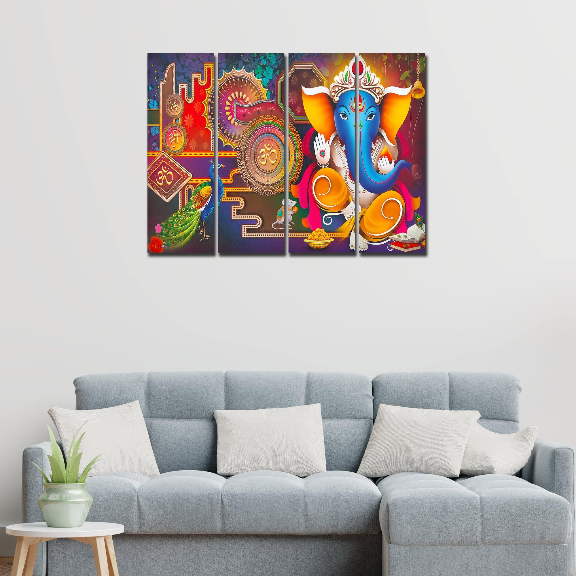 Lord Ganesha Canvas Wall Painting of Four Pieces