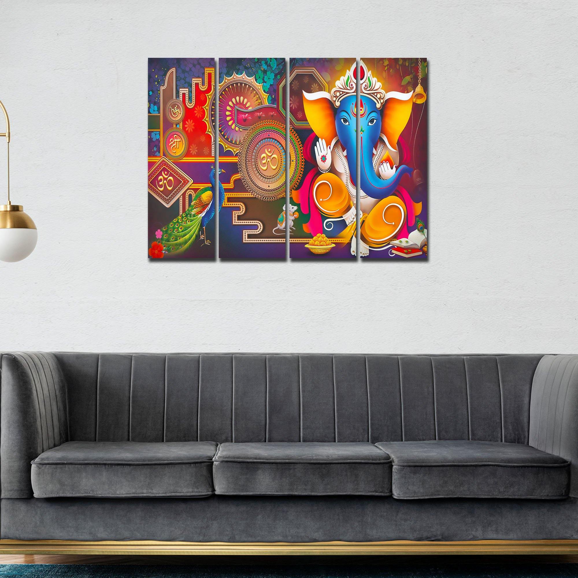 Lord Ganesha Canvas Wall Painting of Four Pieces