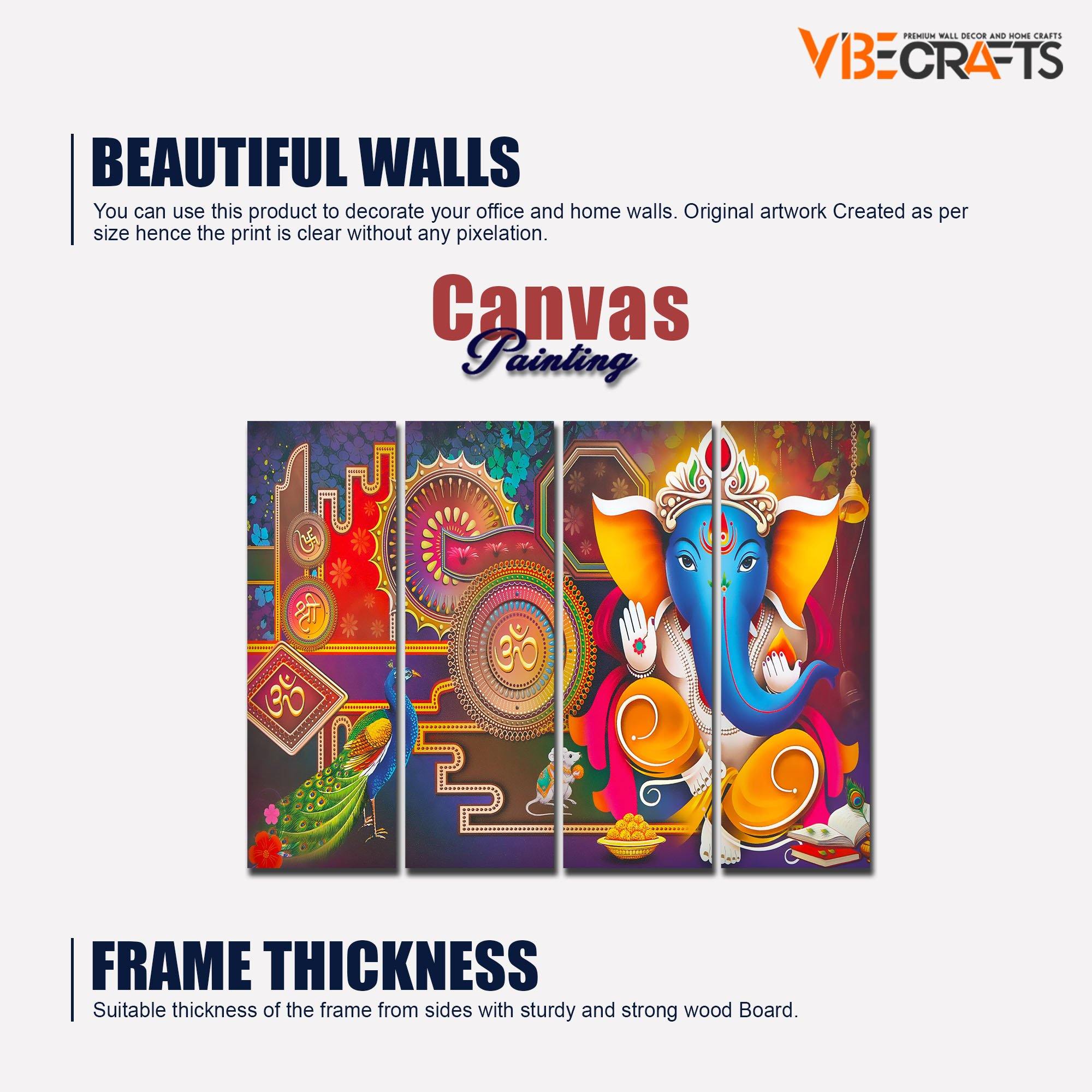 Lord Ganesha Canvas Wall Painting of 4 Pieces