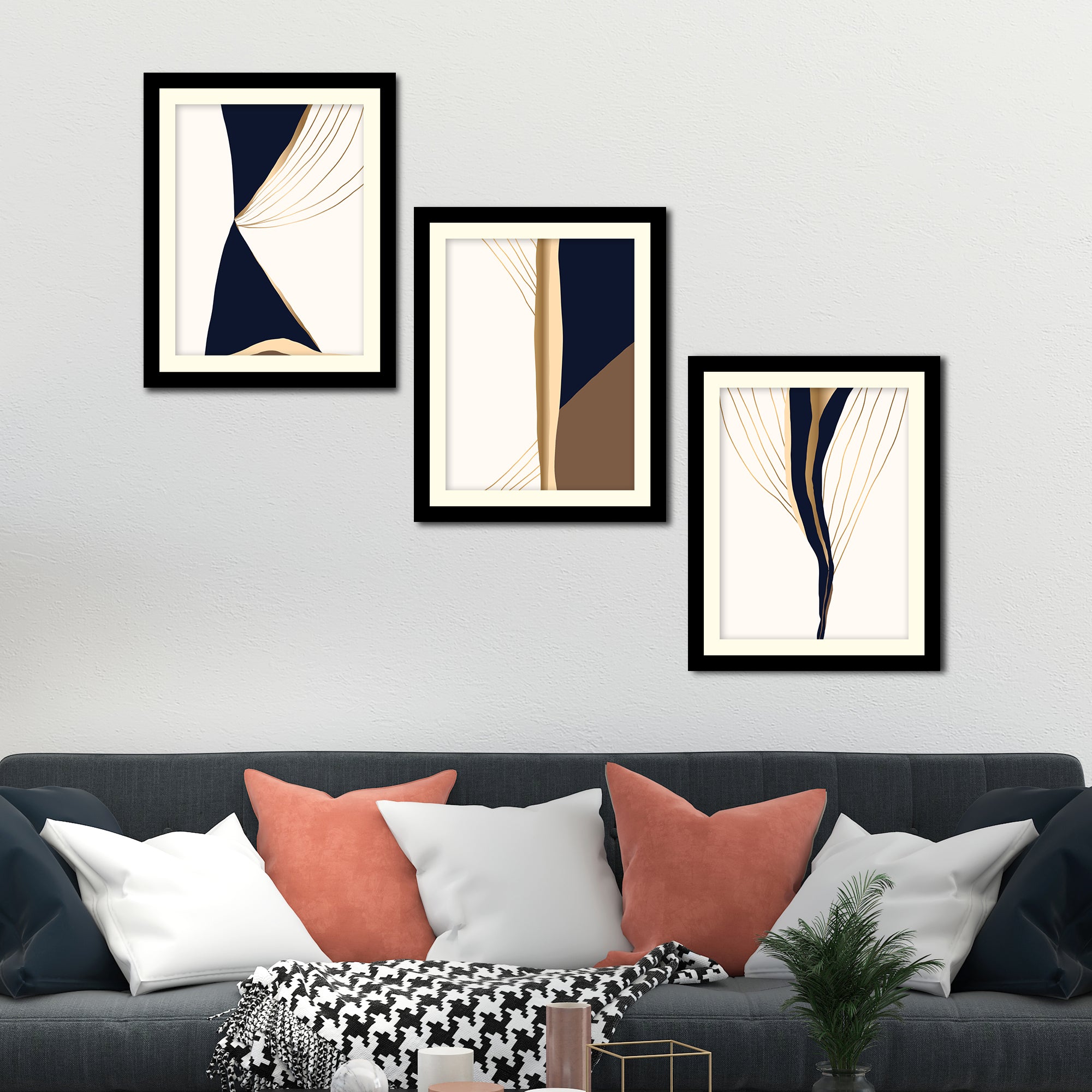 Modern Gold & Black Art Premium Wall Frame Set of Three