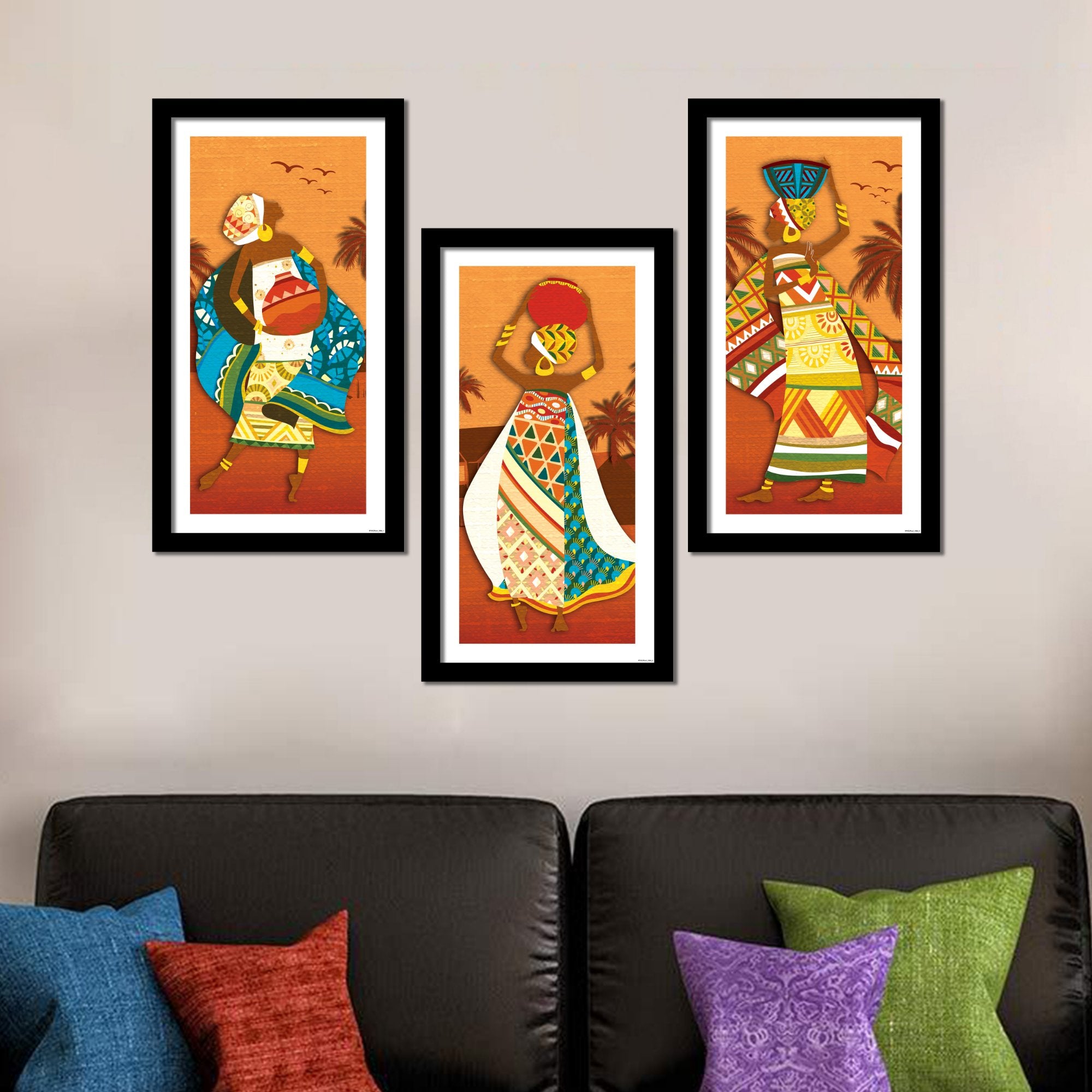 African Women Dancing 3 Pieces Premium Wall Frame Painting - Vibecrafts